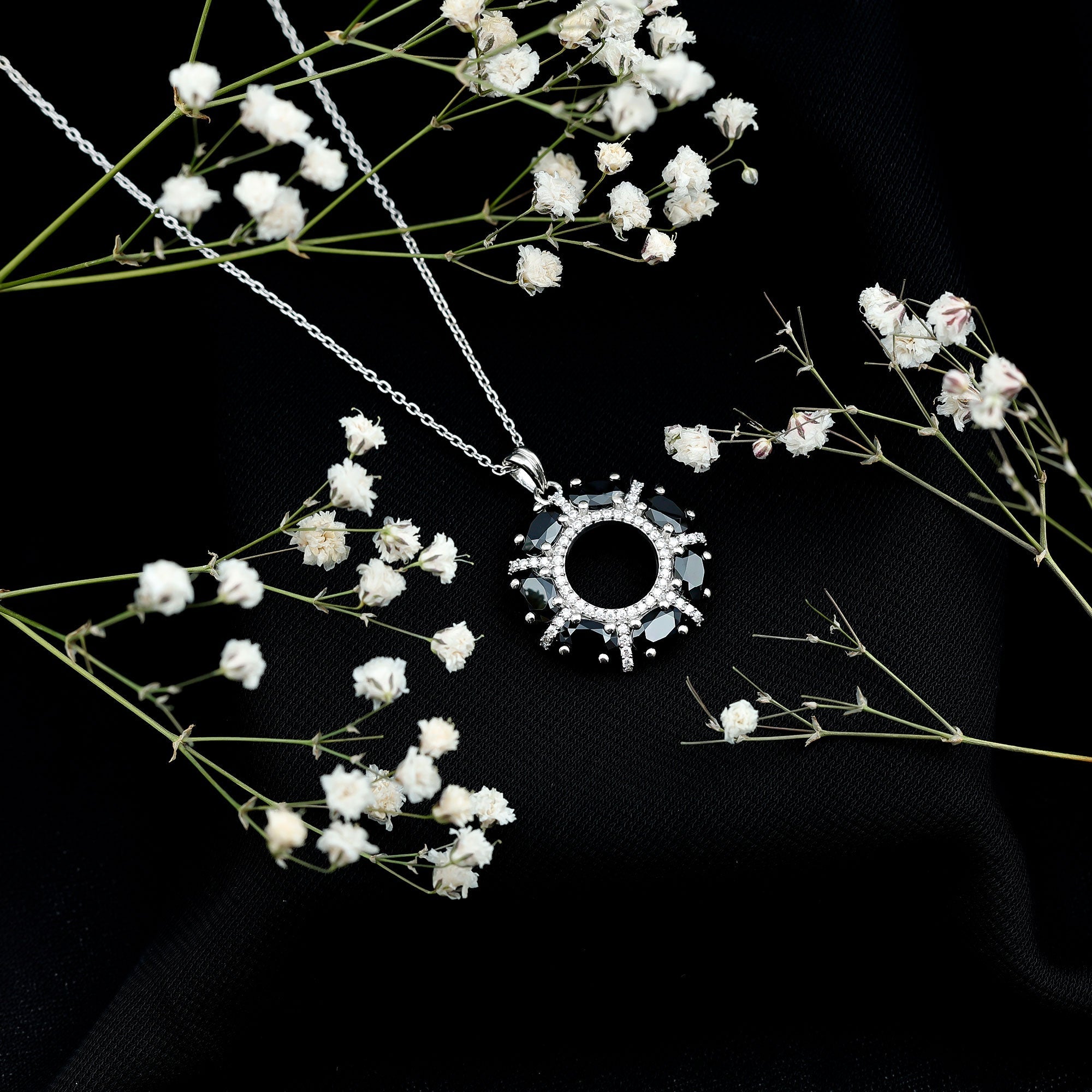 3 CT Oval Cut Black Spinel Eternity Necklace with Silver Chain