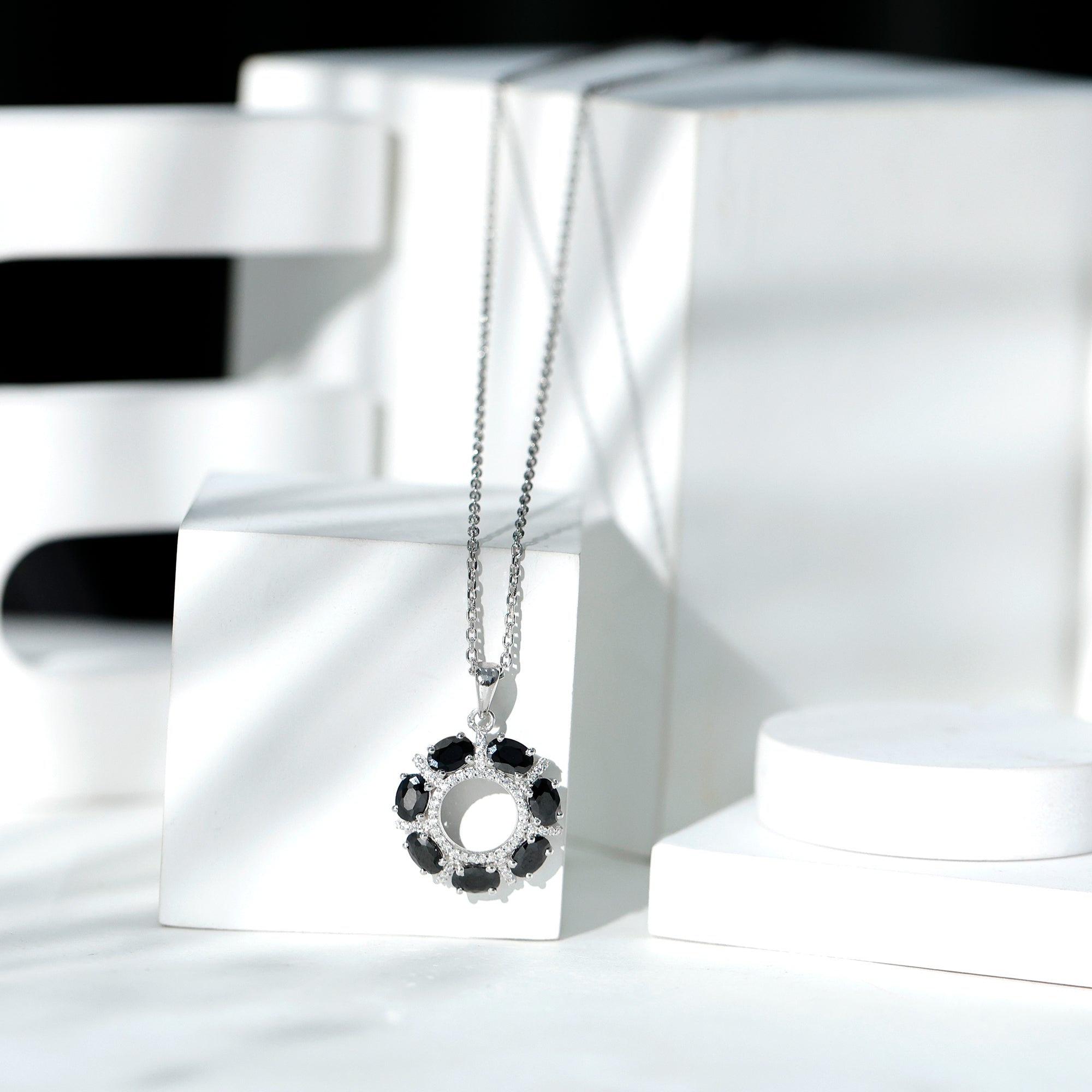 Oval Cut Black Spinel Eternity Pendant with Moissanite
