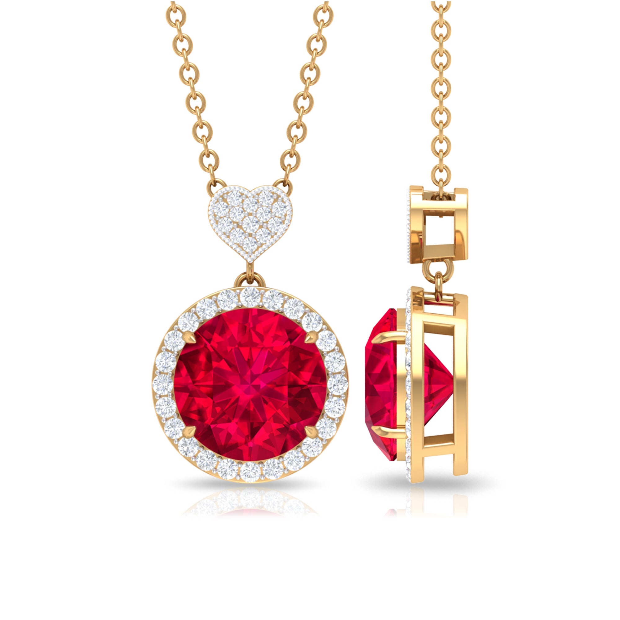 2.3 Carat Lab Created Ruby Halo Necklace with Diamond Heart