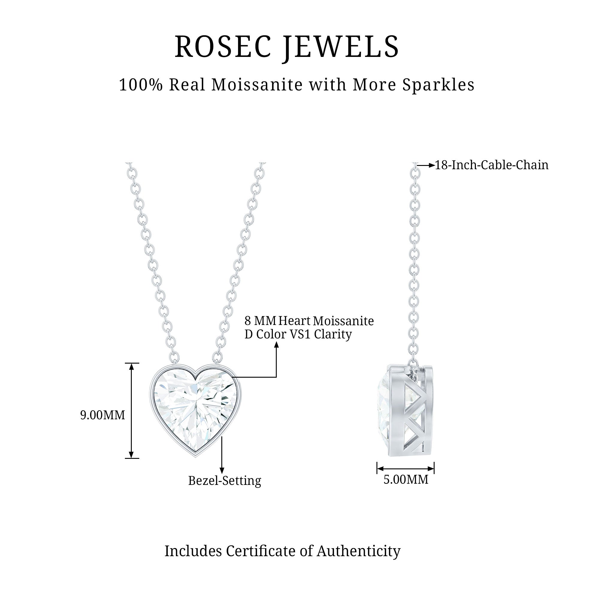 2 Carat Heart Shape Moissanite Solitaire Necklace in Bezel Setting