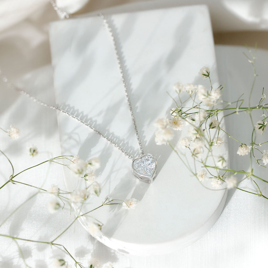2 Carat Heart Shape Moissanite Solitaire Necklace in Bezel Setting