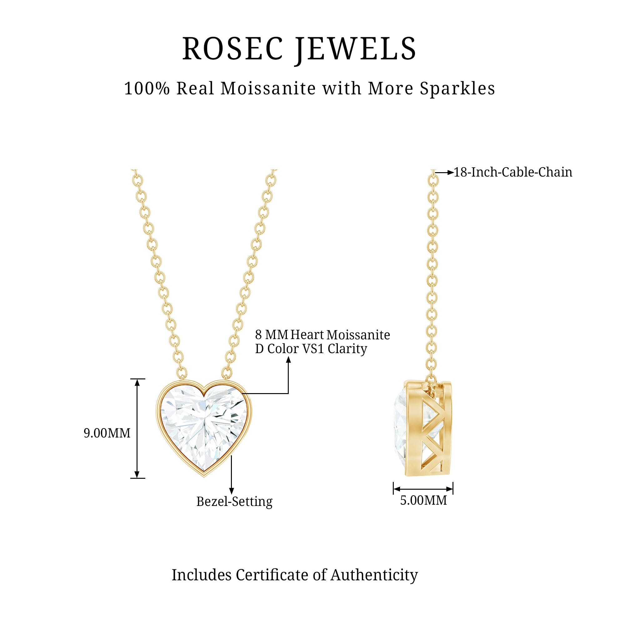 2 Carat Heart Shape Moissanite Solitaire Necklace in Bezel Setting