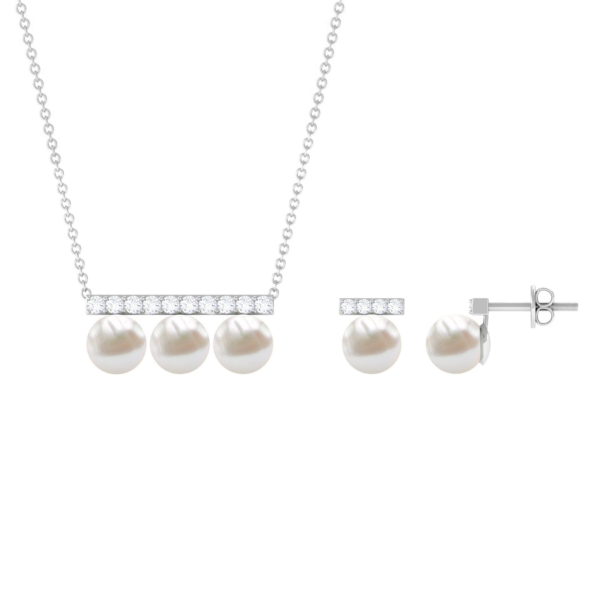 Freshwater Pearl Classic Three Stone Bar jewelry Set with Diamond