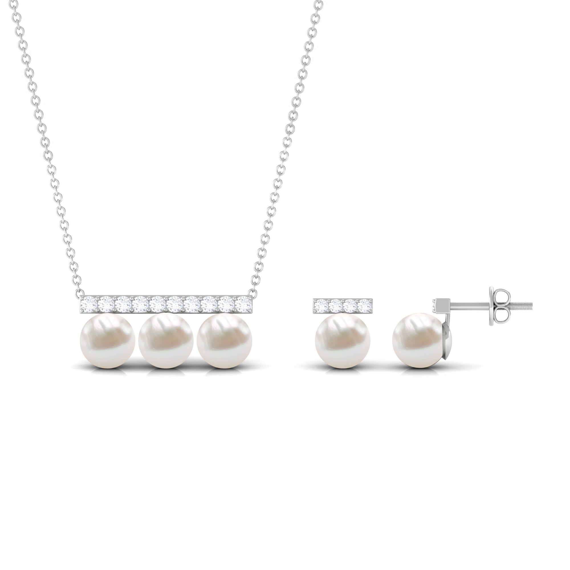 Freshwater Pearl Classic Three Stone Bar jewelry Set with Diamond