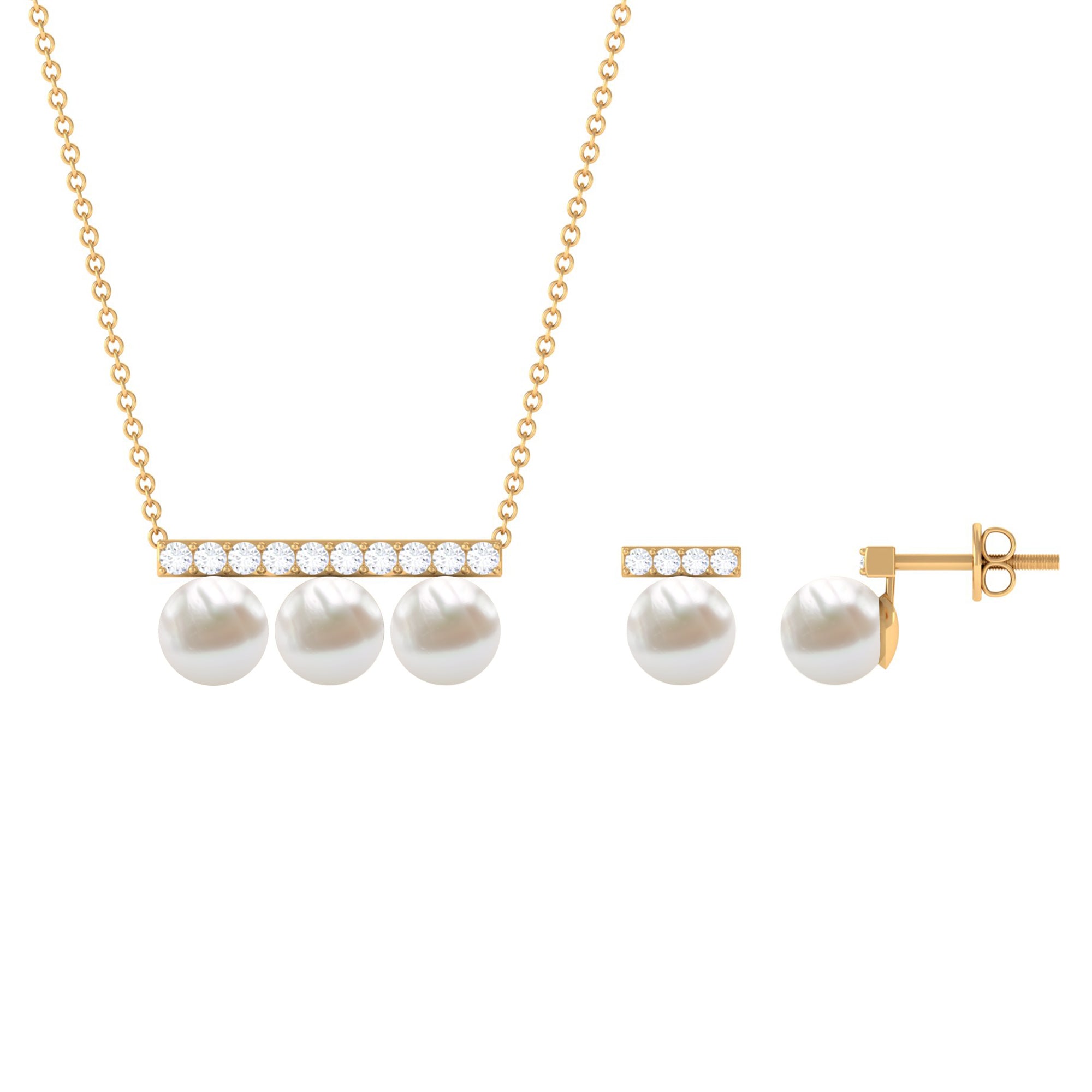 Freshwater Pearl Classic Three Stone Bar jewelry Set with Diamond