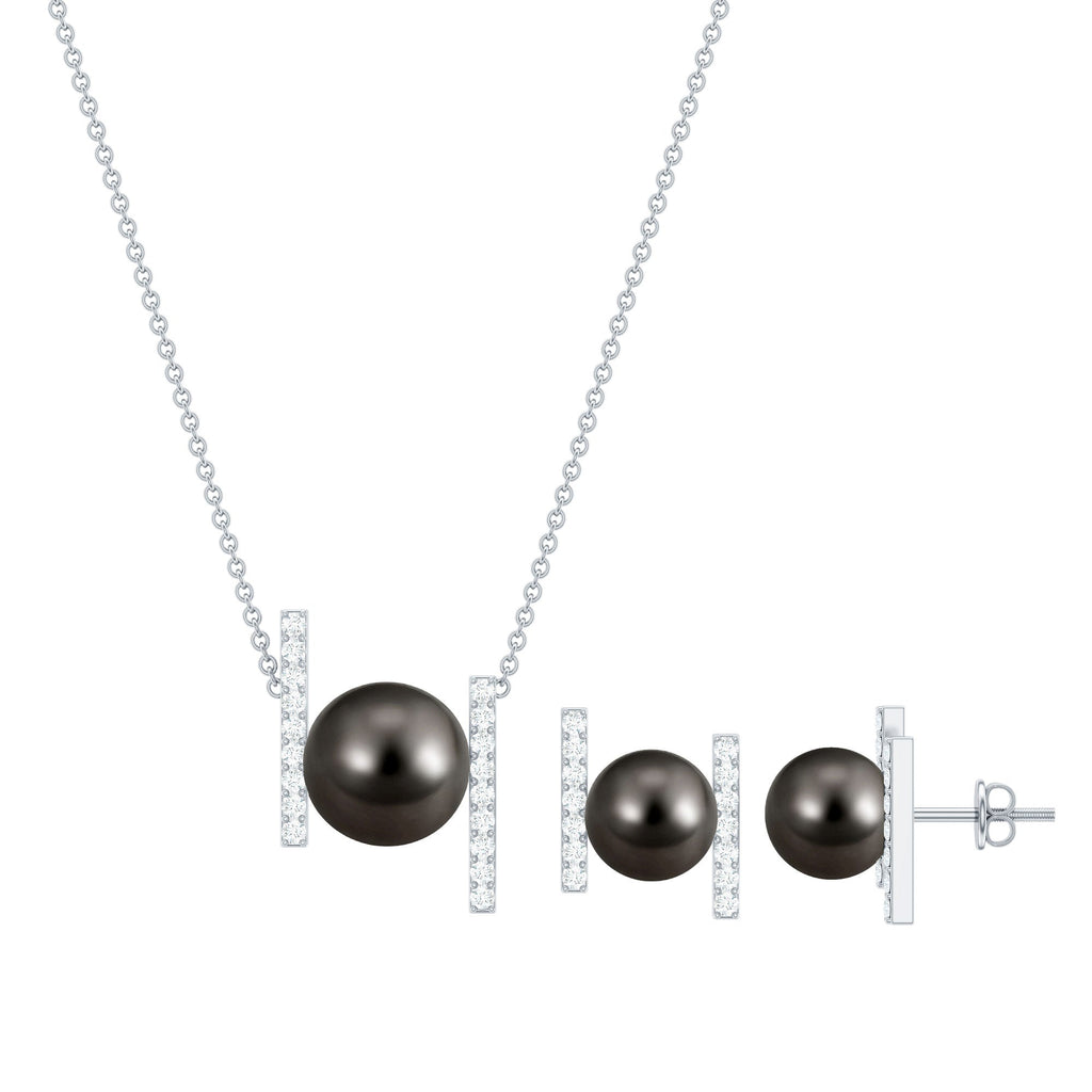 Genuine Black Tahitian Pearl Necklace and Earrings Set with Moissanite