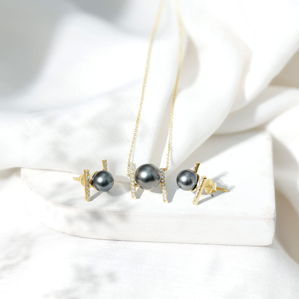 Genuine Black Tahitian Pearl Necklace and Earrings Set with Moissanite