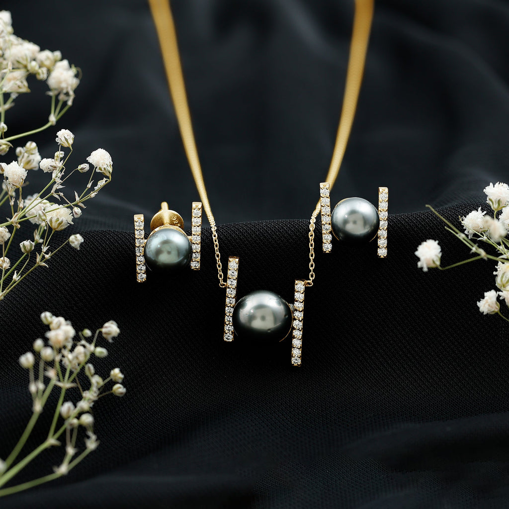 Genuine Black Tahitian Pearl Necklace and Earrings Set with Moissanite
