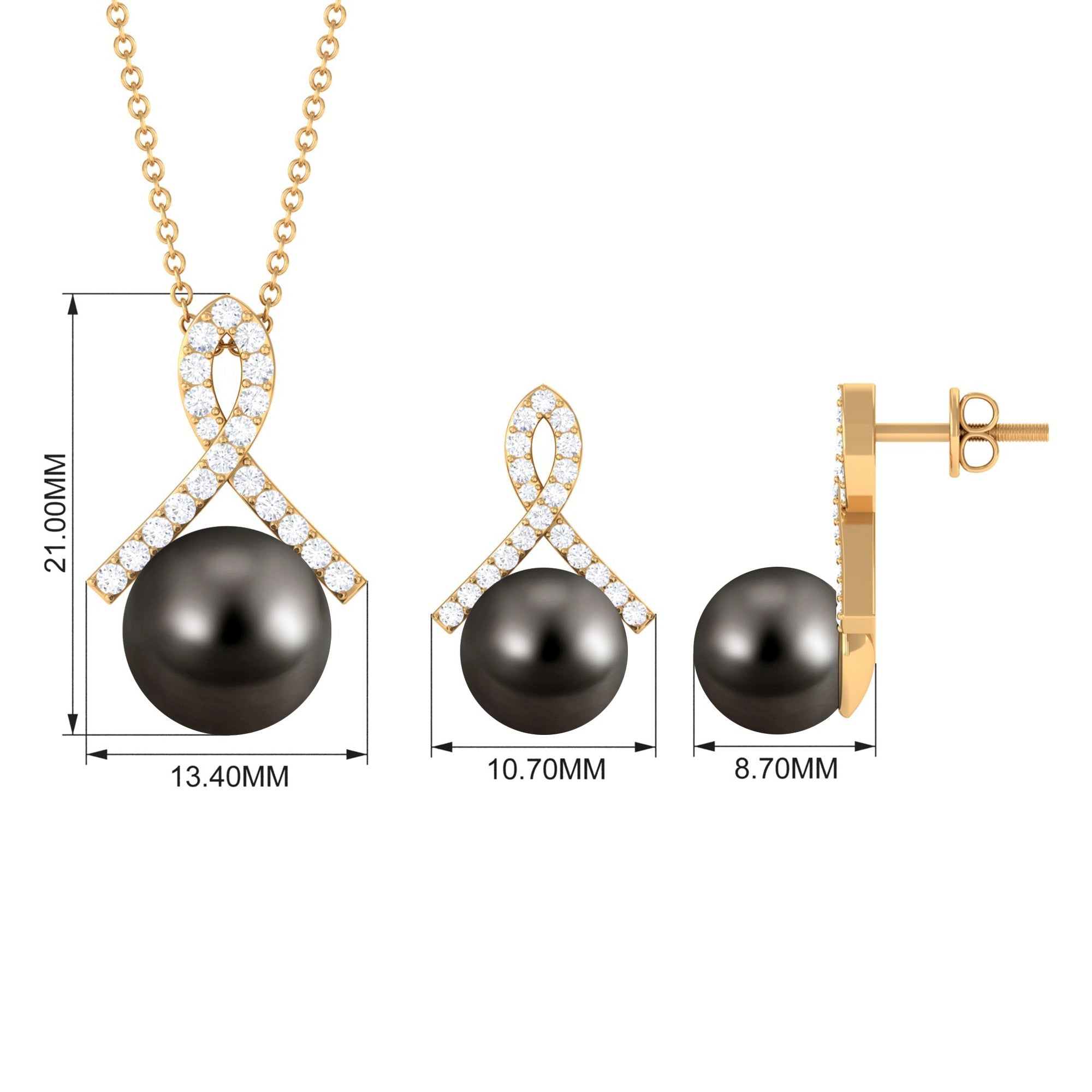 Solitaire Tahitian Pearl Pendant and Earrings Set with Diamond