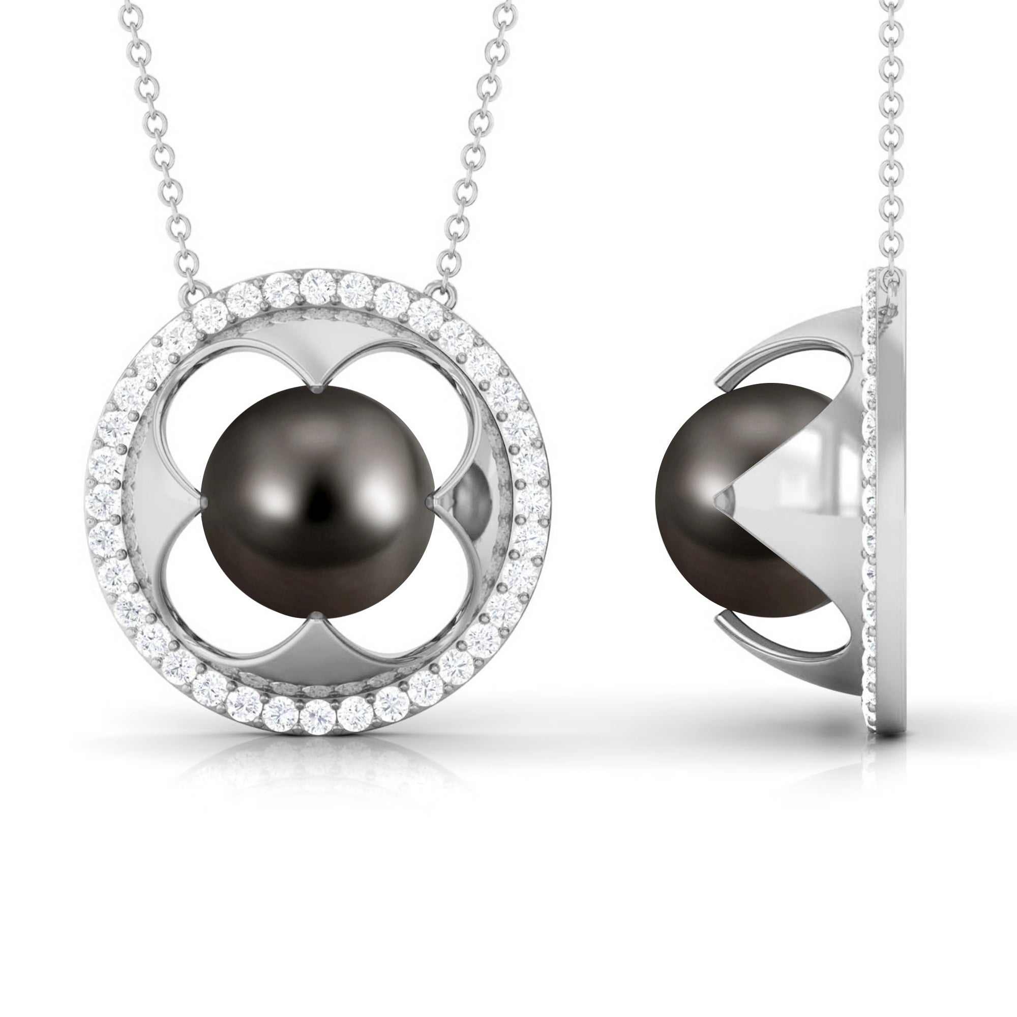 8 Carat Solitaire Tahitian Pearl and Diamond Flower Necklace