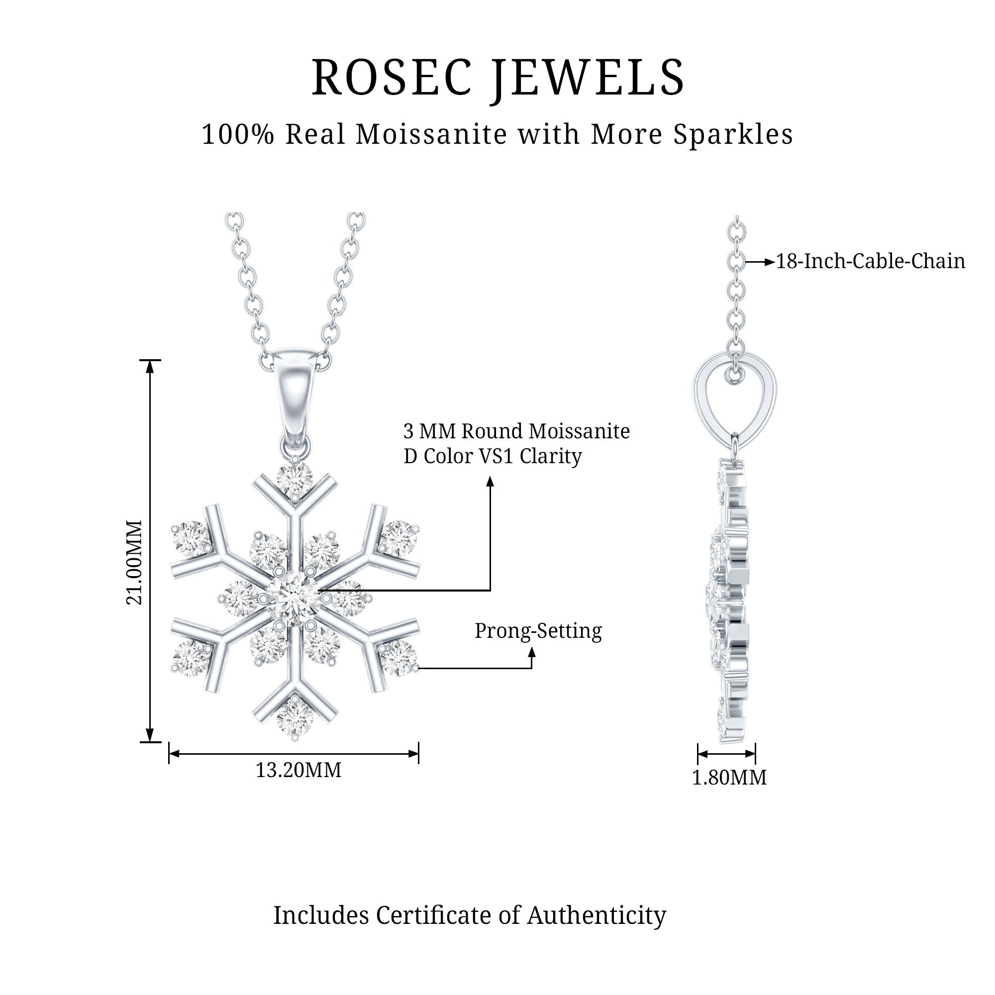 Certified Moissanite Snowflake Pendant Necklace for Women