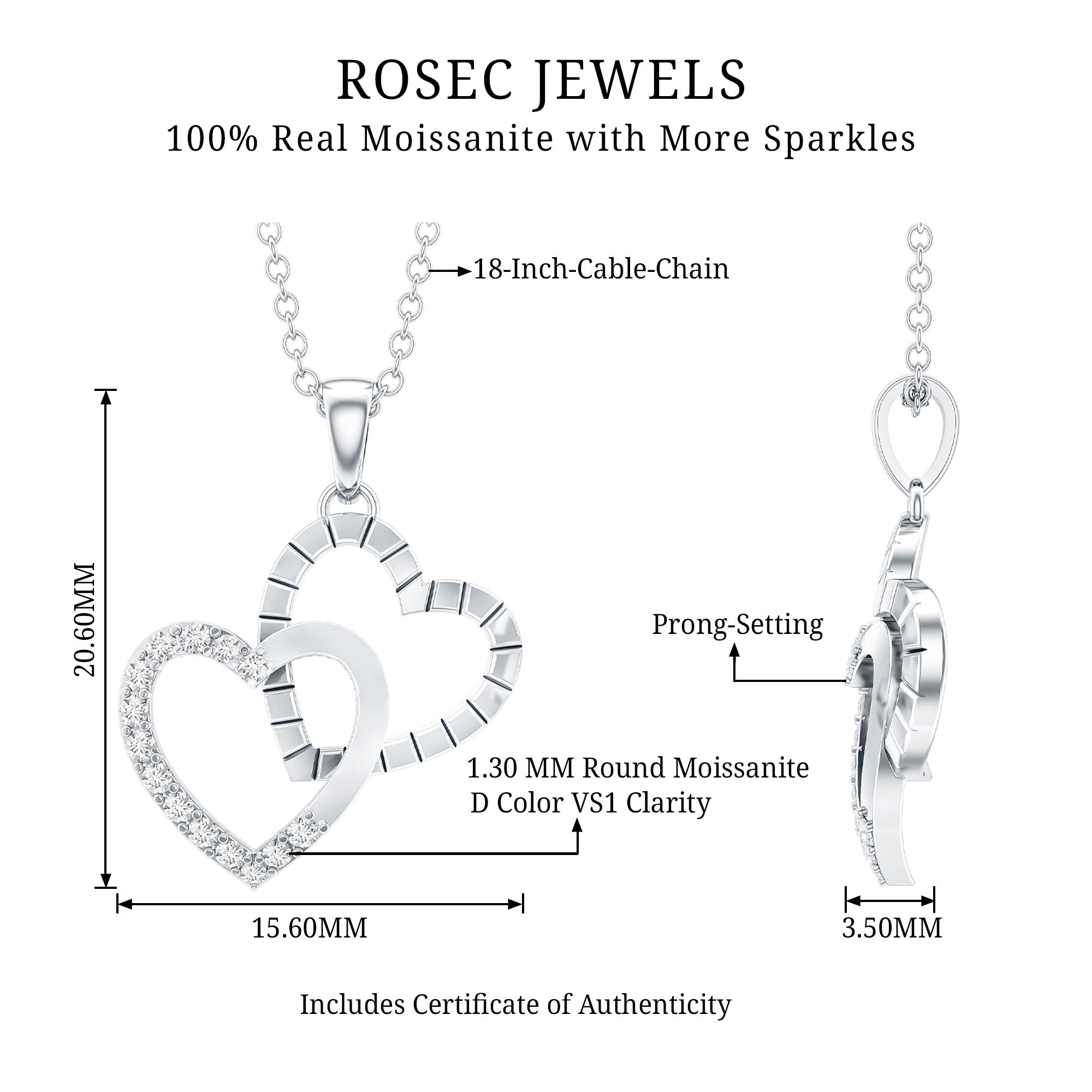 Certified Moissanite Twin Heart Pendant Necklace