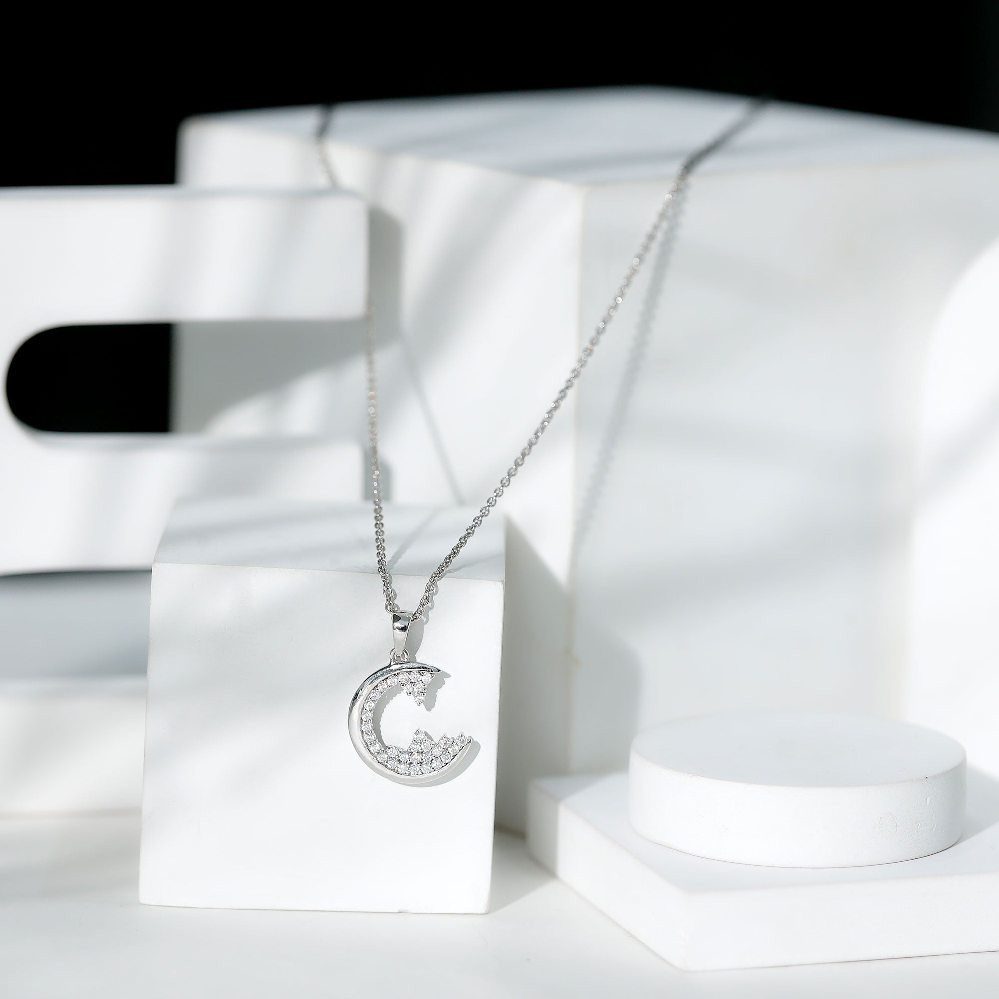 C Initial Necklace with Moissanite Cluster