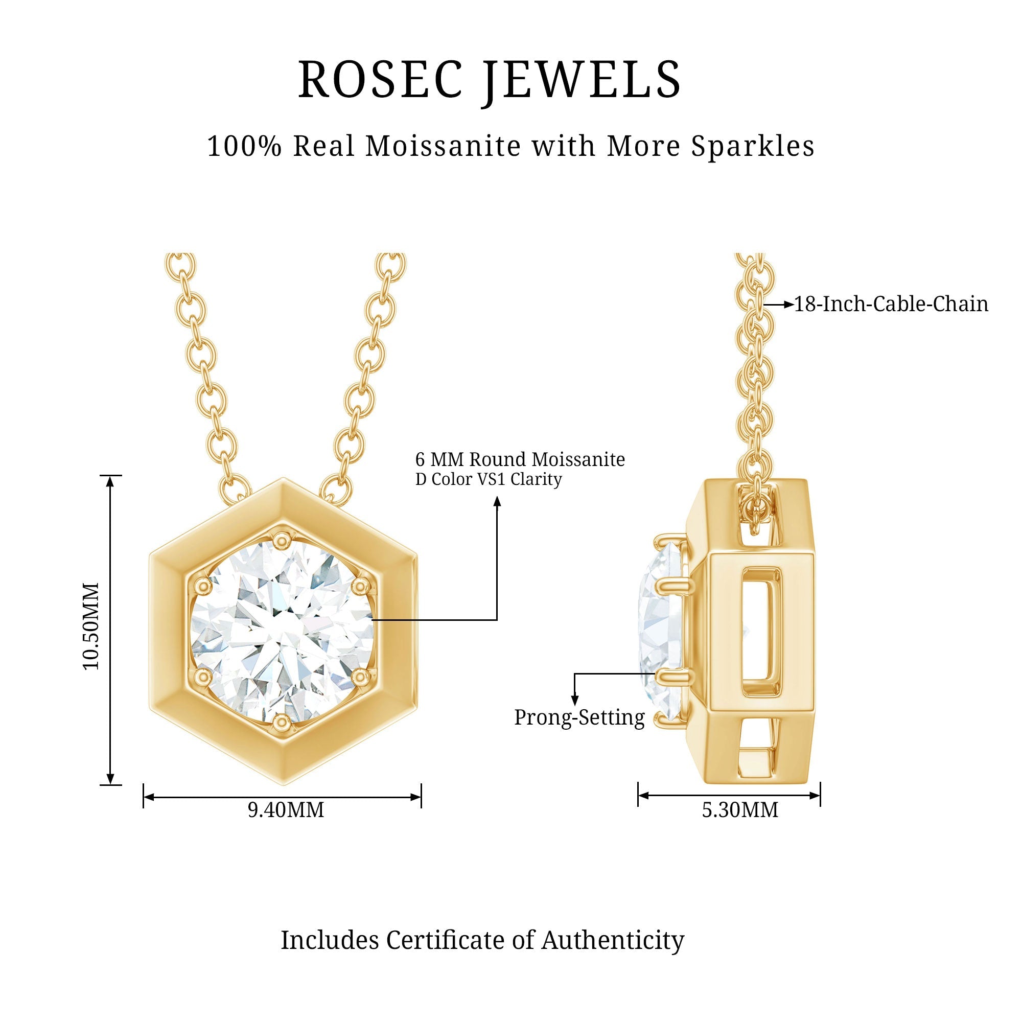 Certified Moissanite Solitaire Hexagonal Pendant