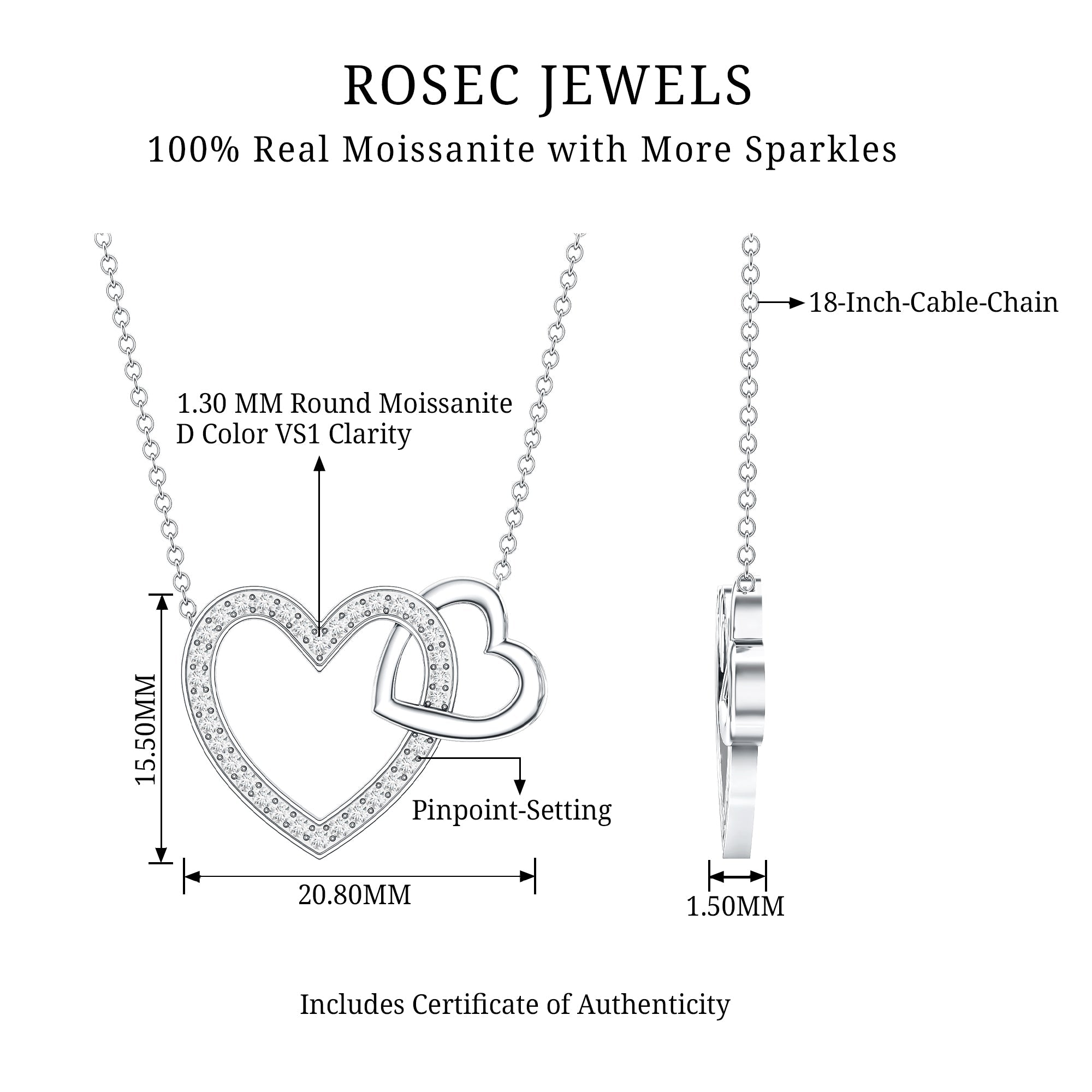 Certified Moissanite Double Heart Necklace for Women