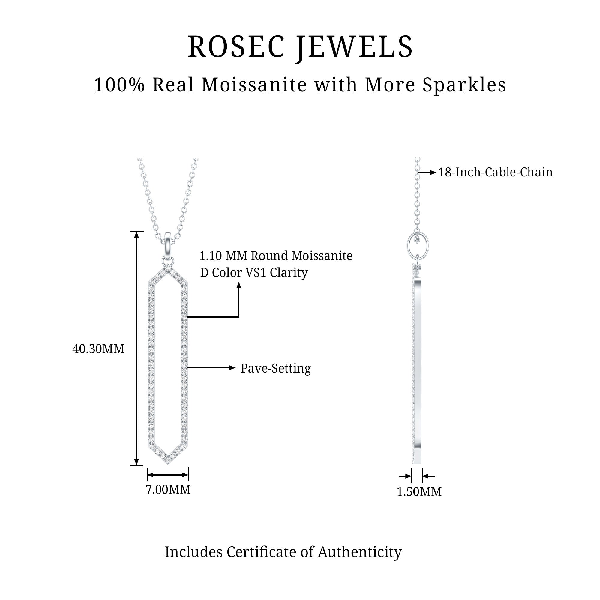 Elongated Hexagonal Moissanite Pendant Necklace with Certificate