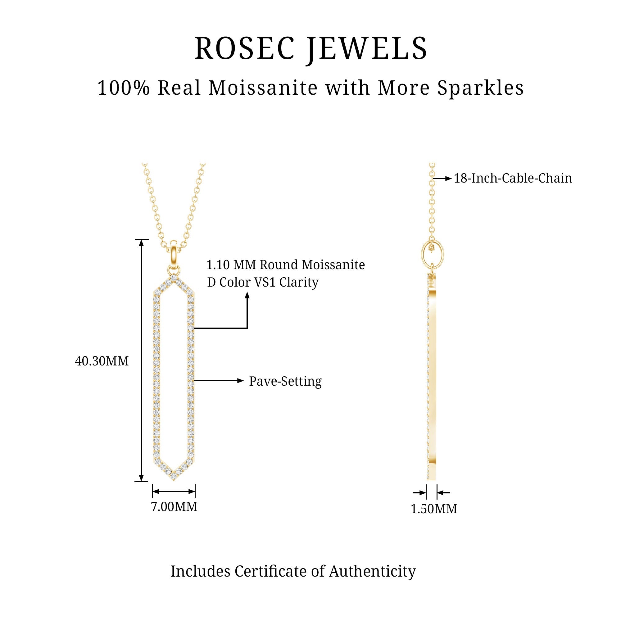 Elongated Hexagonal Moissanite Pendant Necklace with Certificate