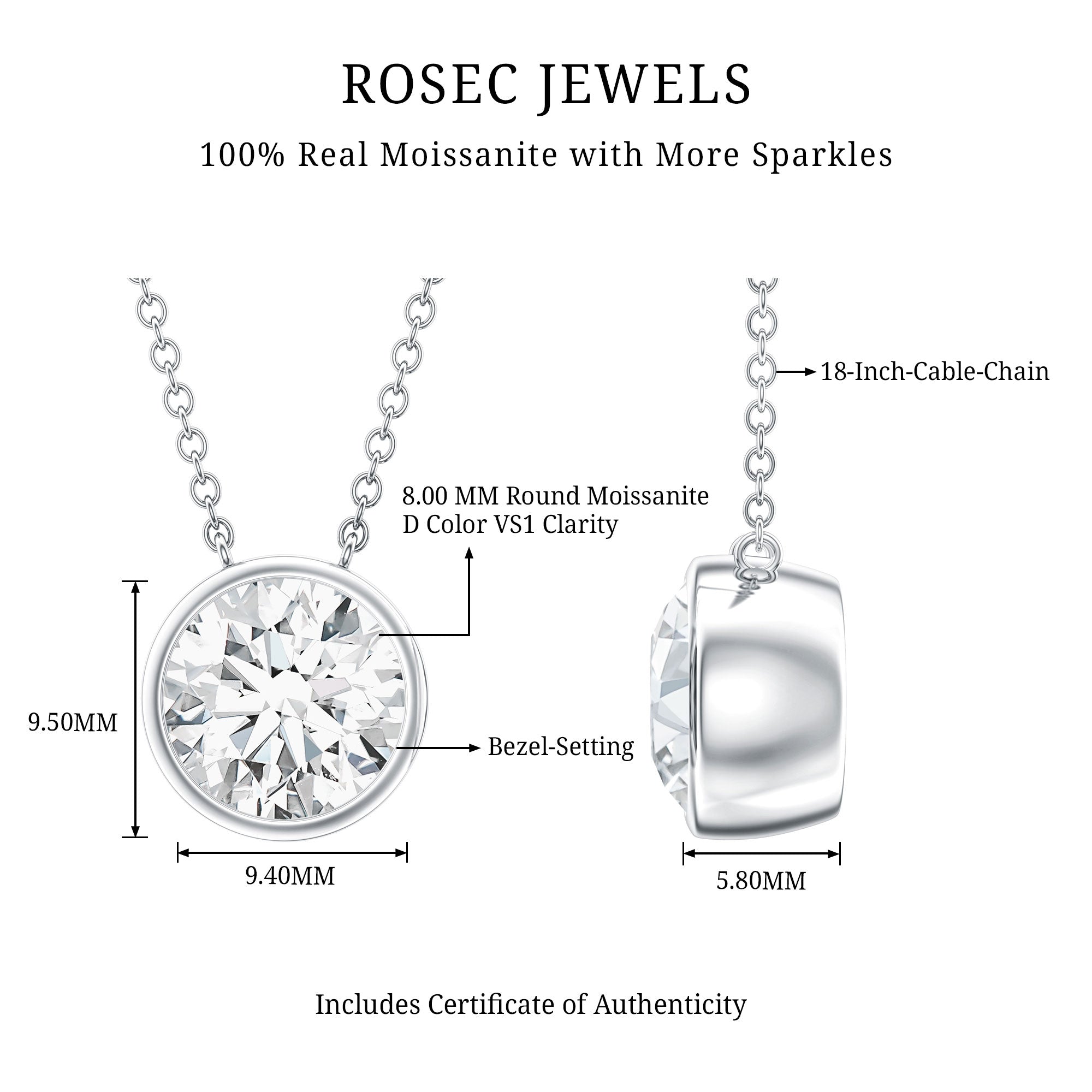 2 Carat Certified Moissanite Solitaire Necklace in Bezel Setting