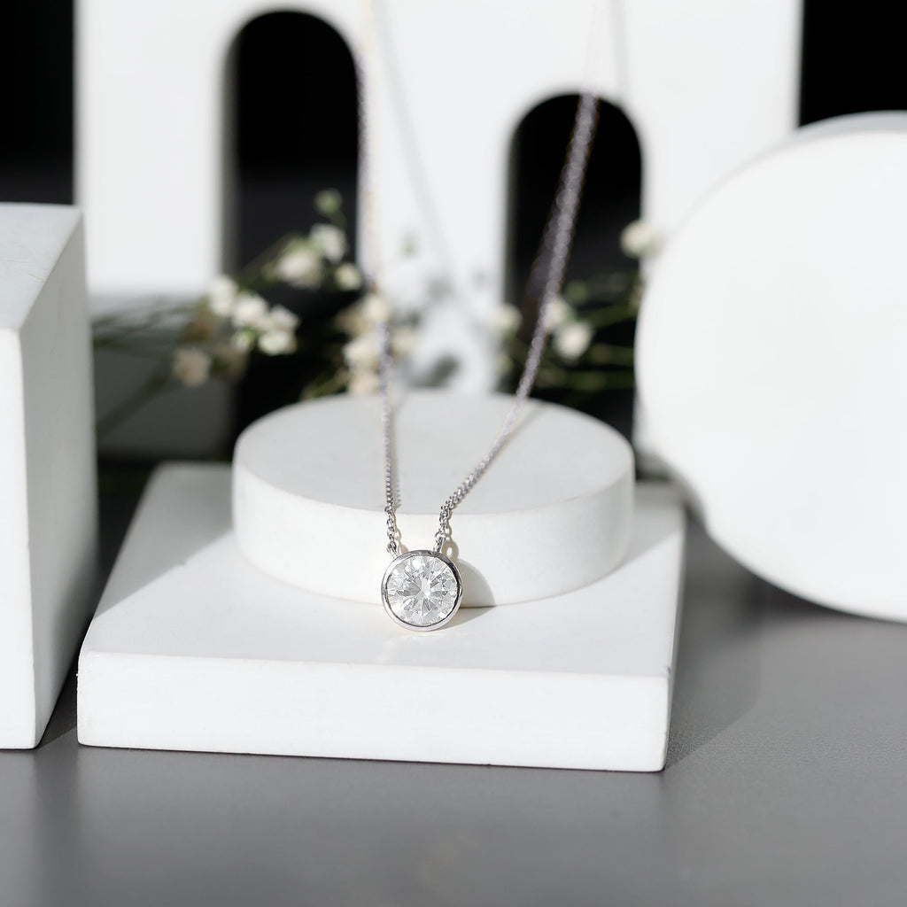 2 Carat Certified Moissanite Solitaire Necklace in Bezel Setting