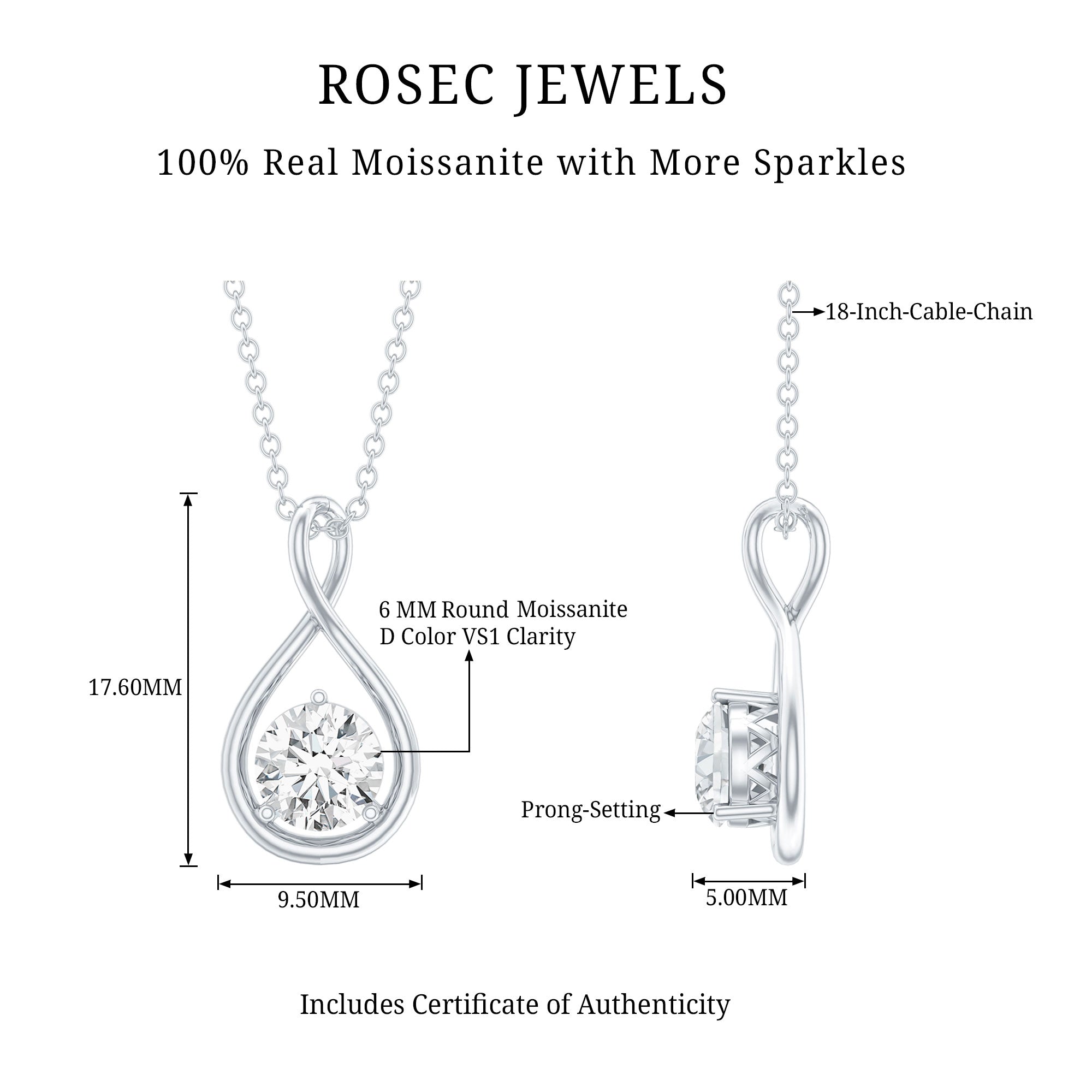 0.9 Carat Solitaire Moissanite Infinity Pendant with Certificate