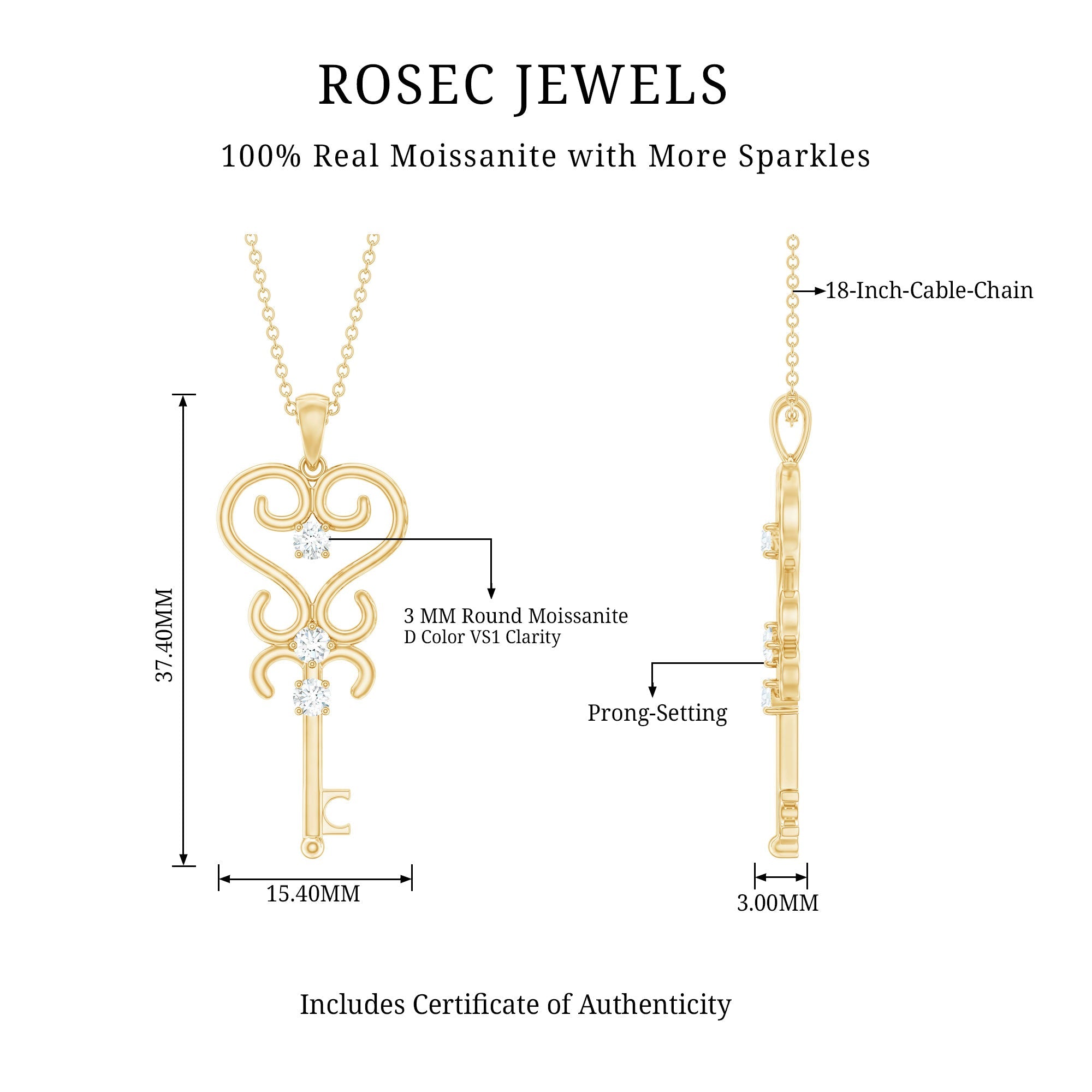Vintage Looking Moissanite Key Pendant Necklace for Women