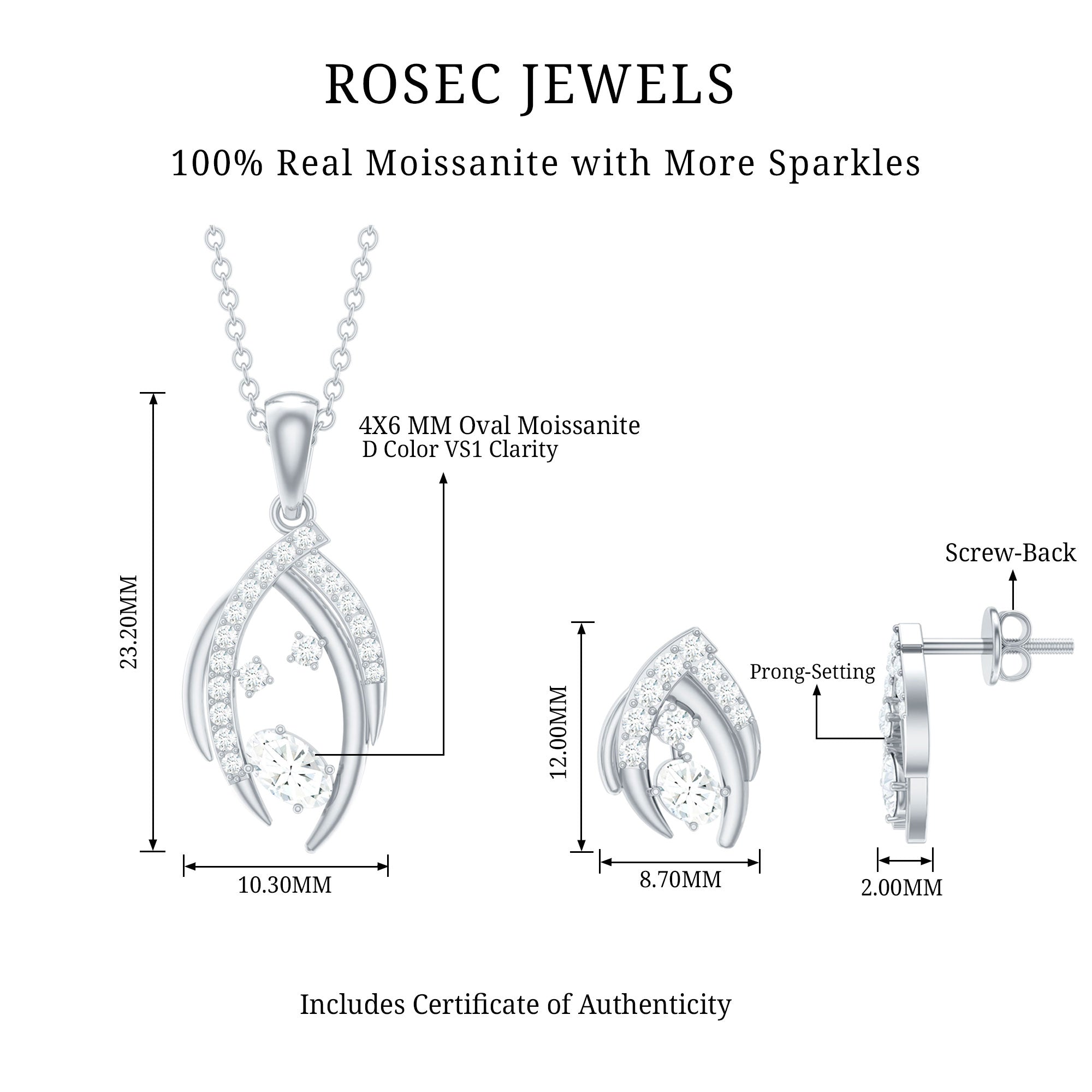 Certified Moissanite Designer Pendant and Earrings Set