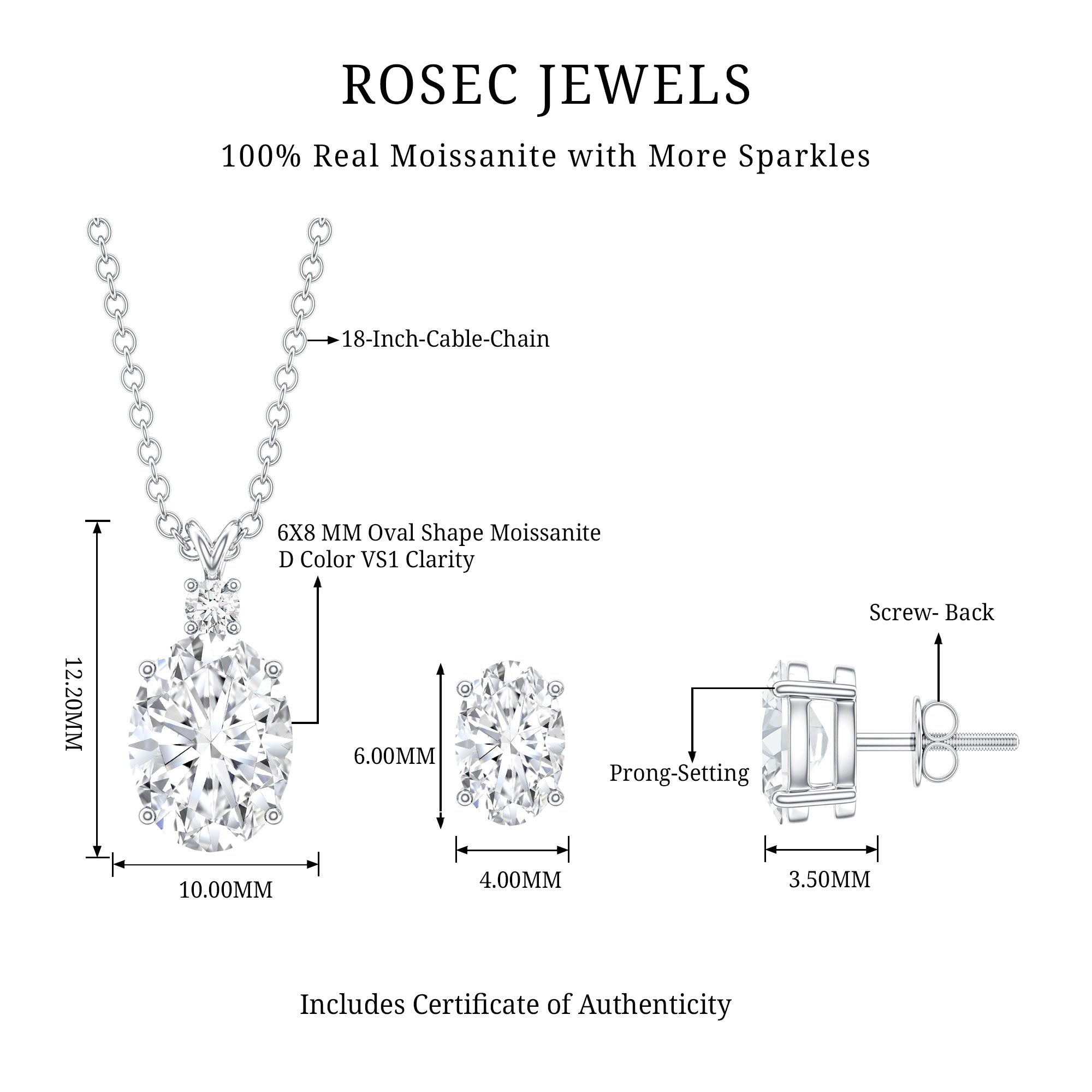 Certified Moissanite Oval Necklace and Earrings Set