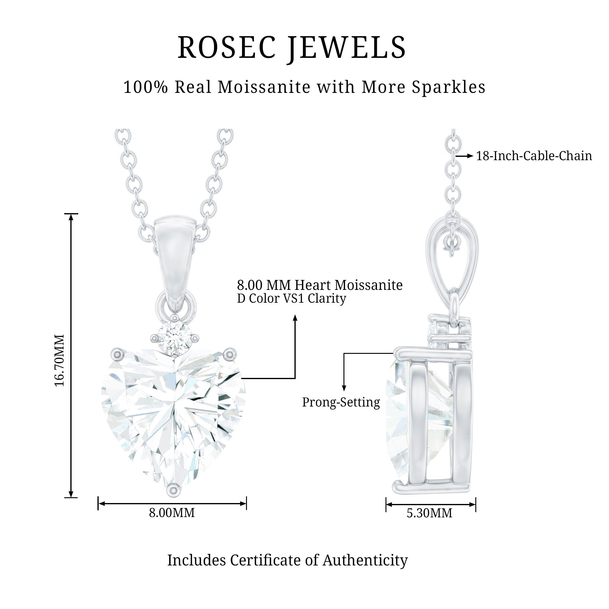Certified 2 Carat Moissanite Heart Pendant for Women