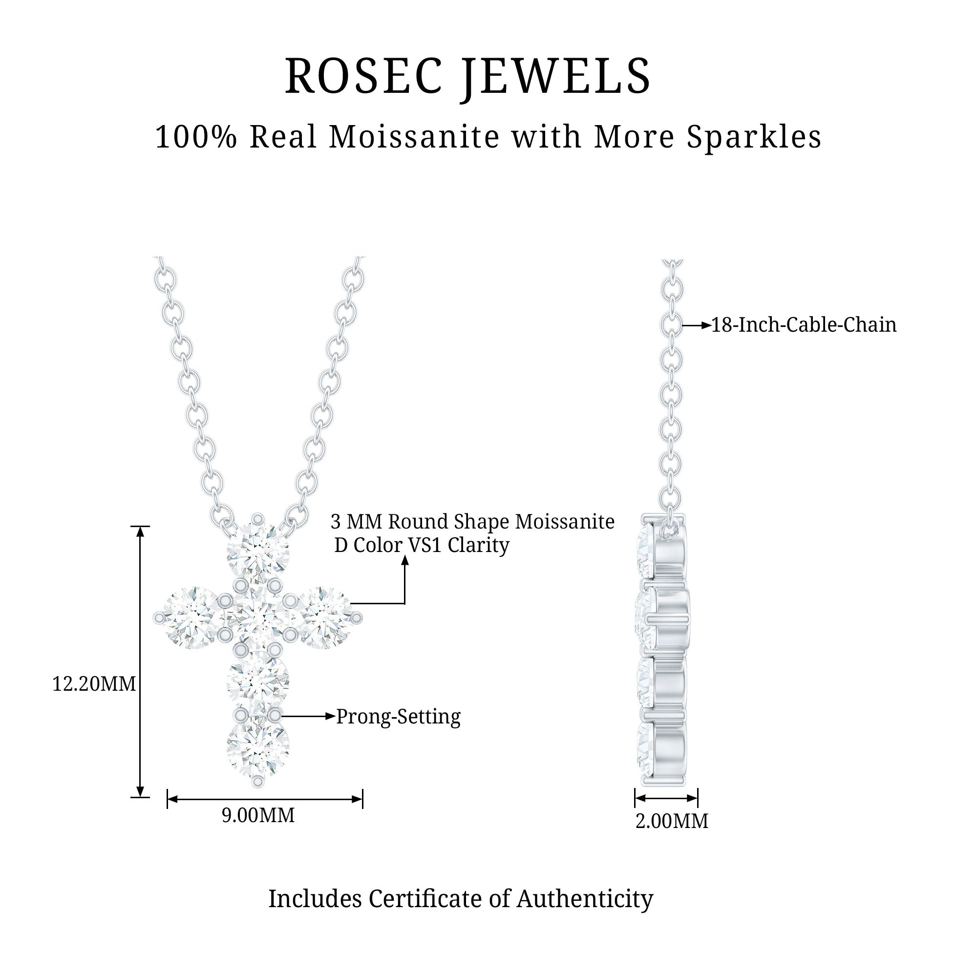 Round Cut Moissanite Cross Pendant Necklace