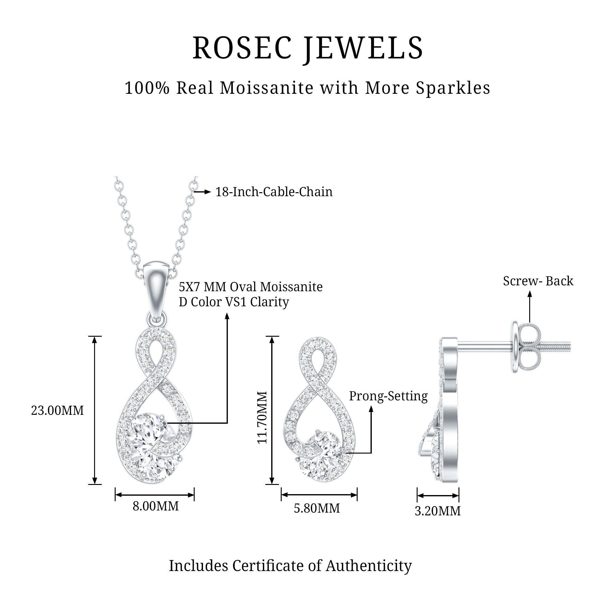 Certified 0.9 Carat Moissanite Infinity Necklace and Earring Set