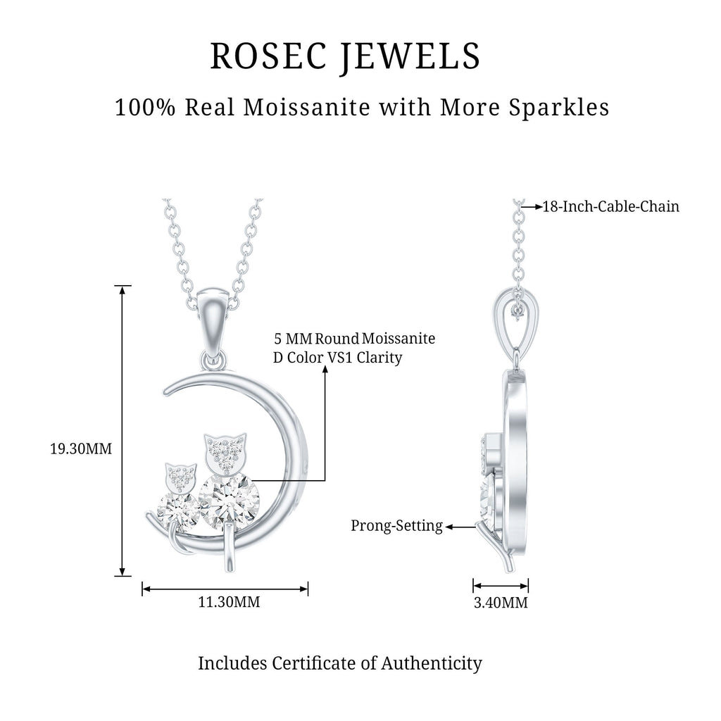 Certified Moissanite Cat on Moon Pendant