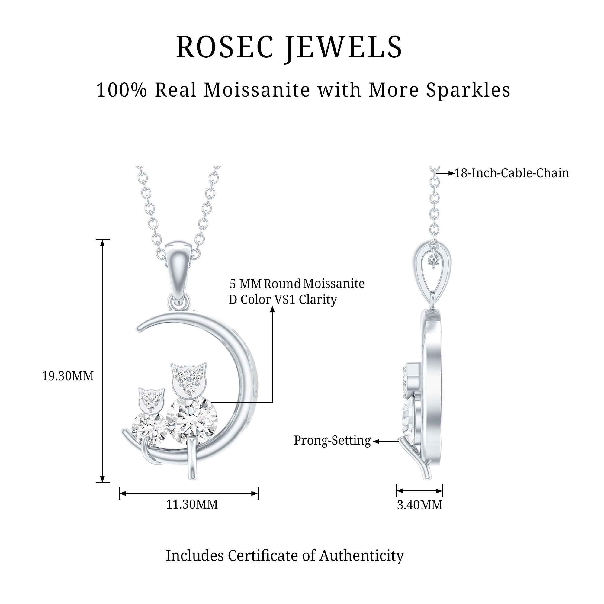 Certified Moissanite Cat on Moon Pendant