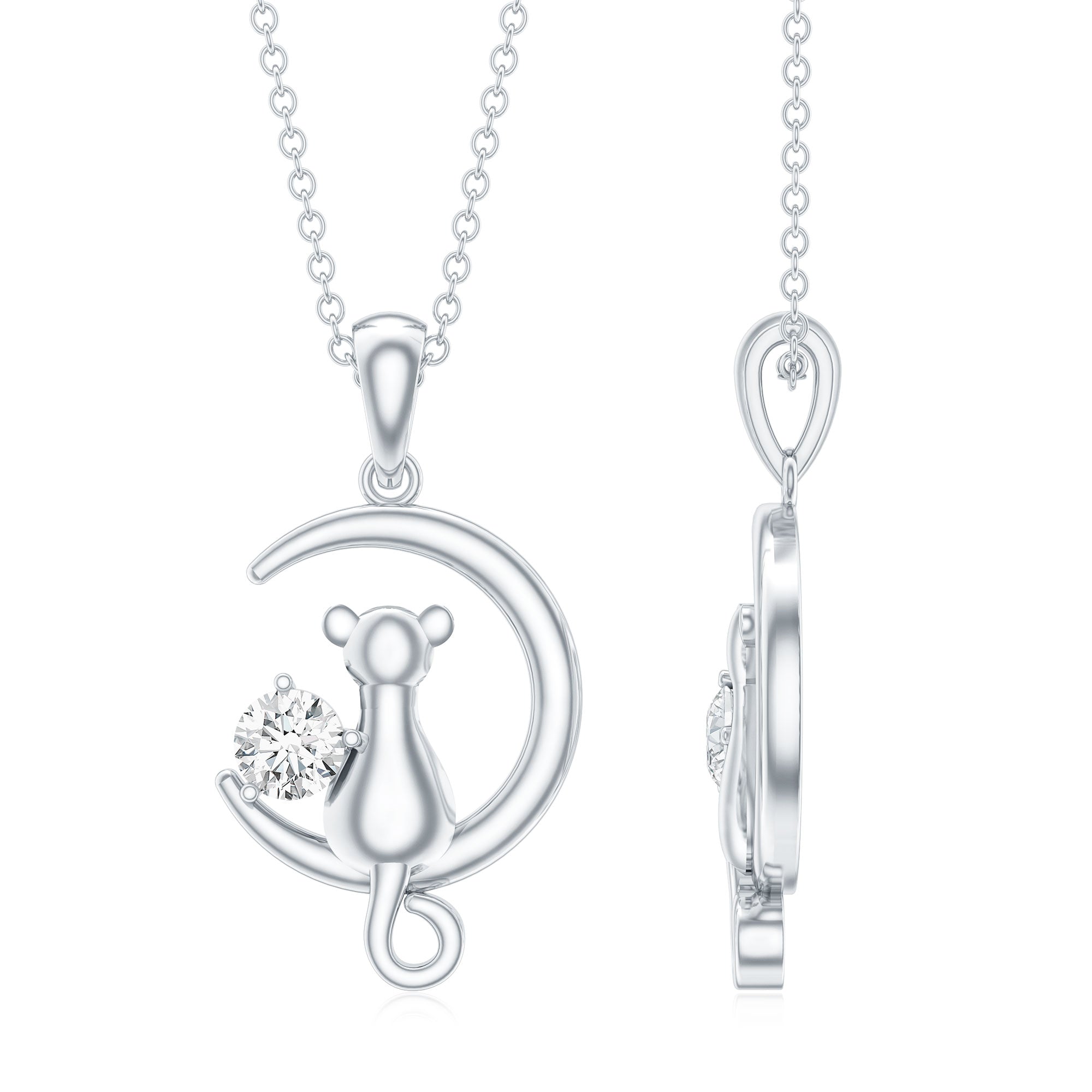 Certified Moissanite Cat and Moon Pendant
