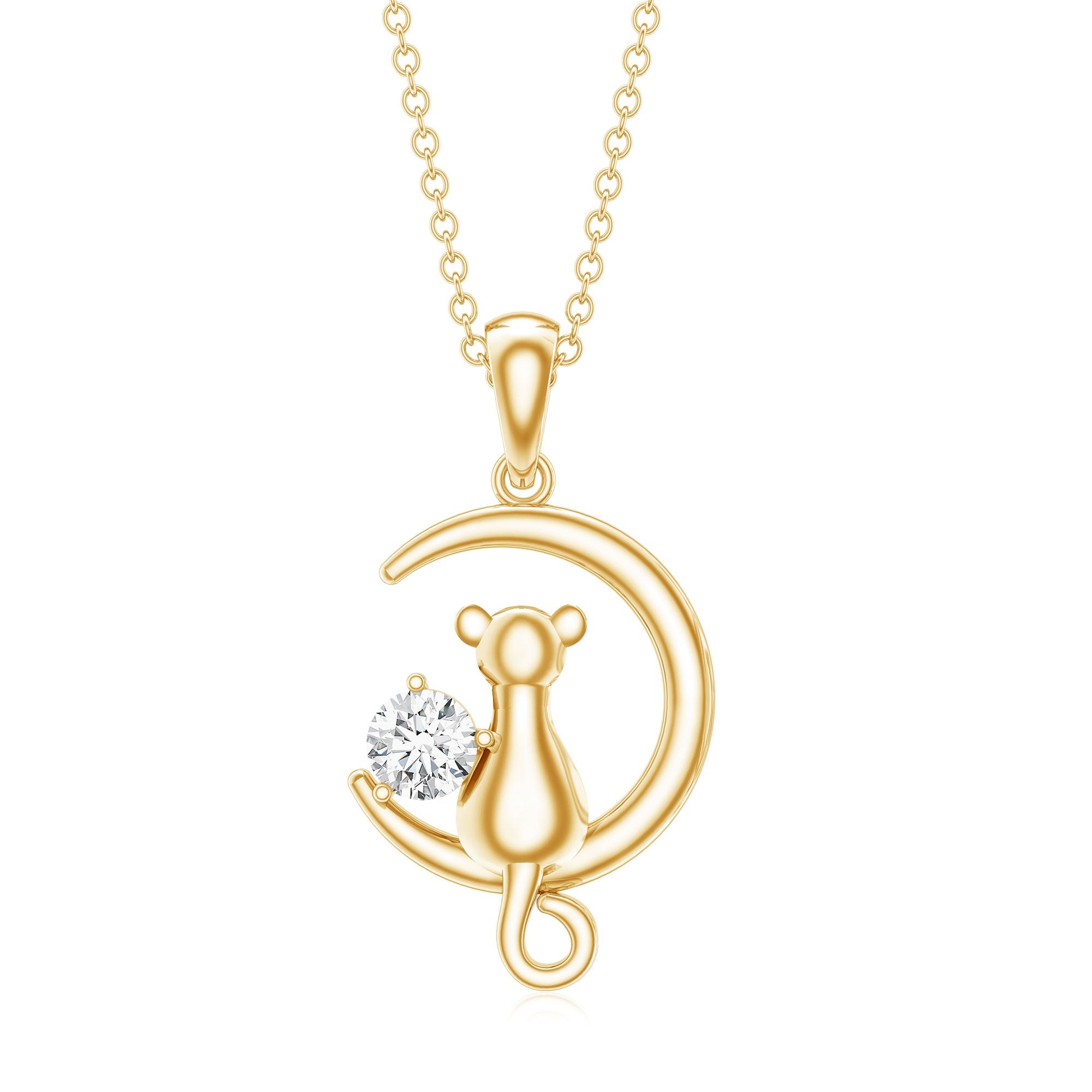 Certified Moissanite Cat and Moon Pendant