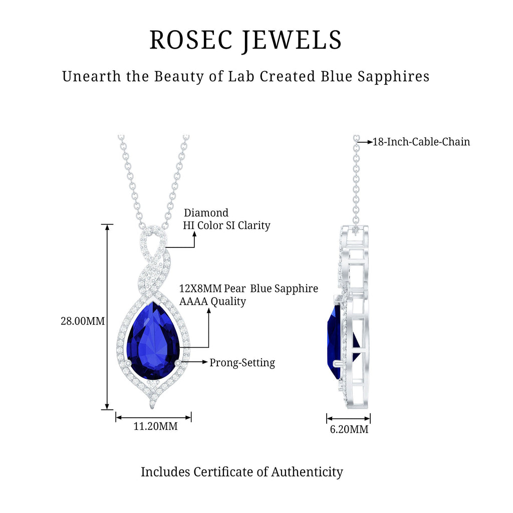 Certified 4 Carat Lab Created Blue Sapphire and Diamond Teardrop Pendant