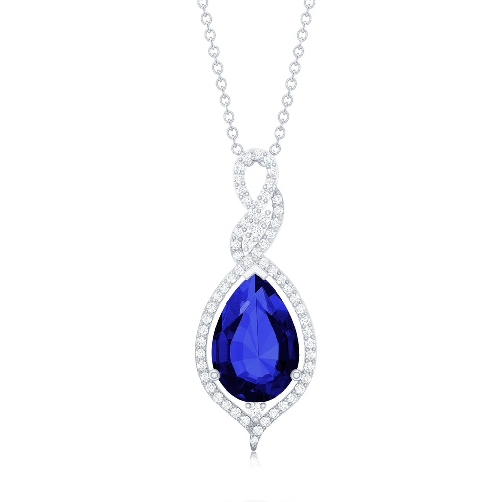 Certified 4 Carat Lab Created Blue Sapphire and Diamond Teardrop Pendant