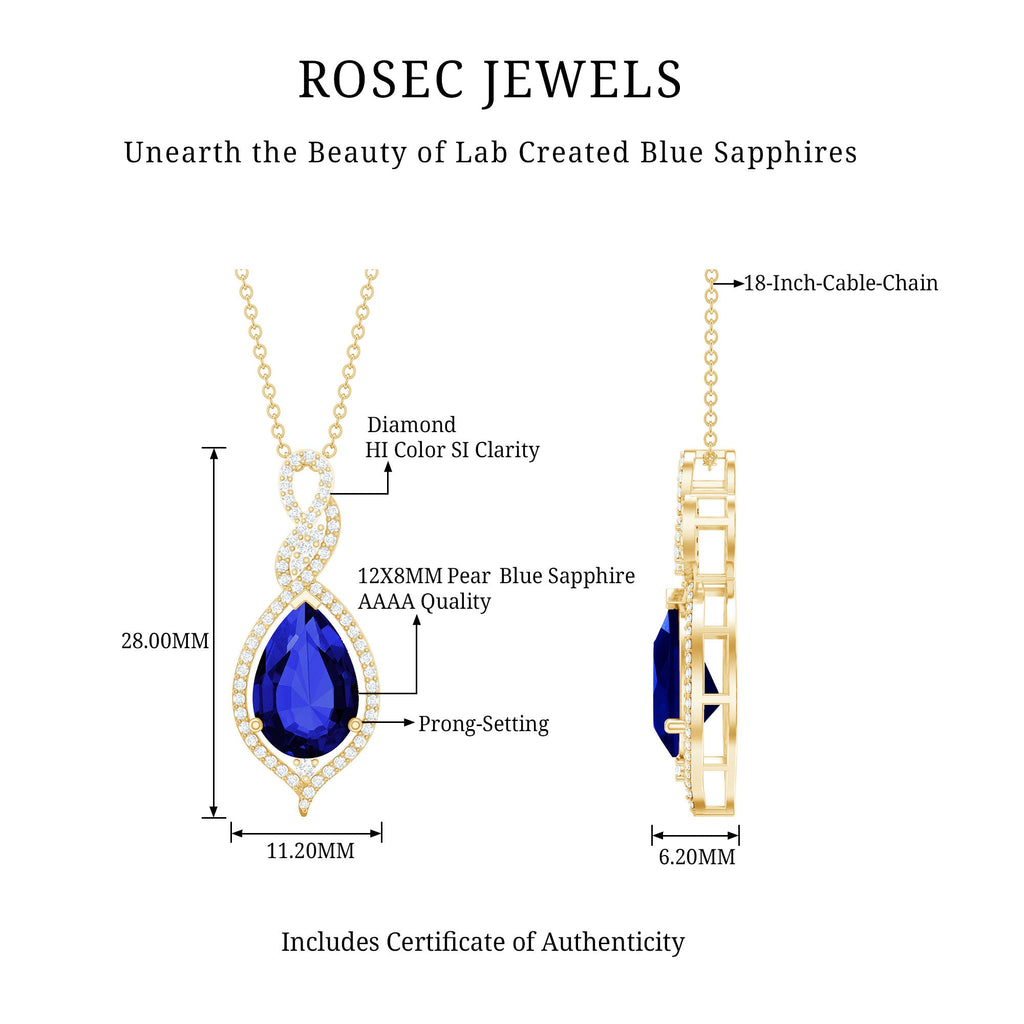Certified 4 Carat Lab Created Blue Sapphire and Diamond Teardrop Pendant