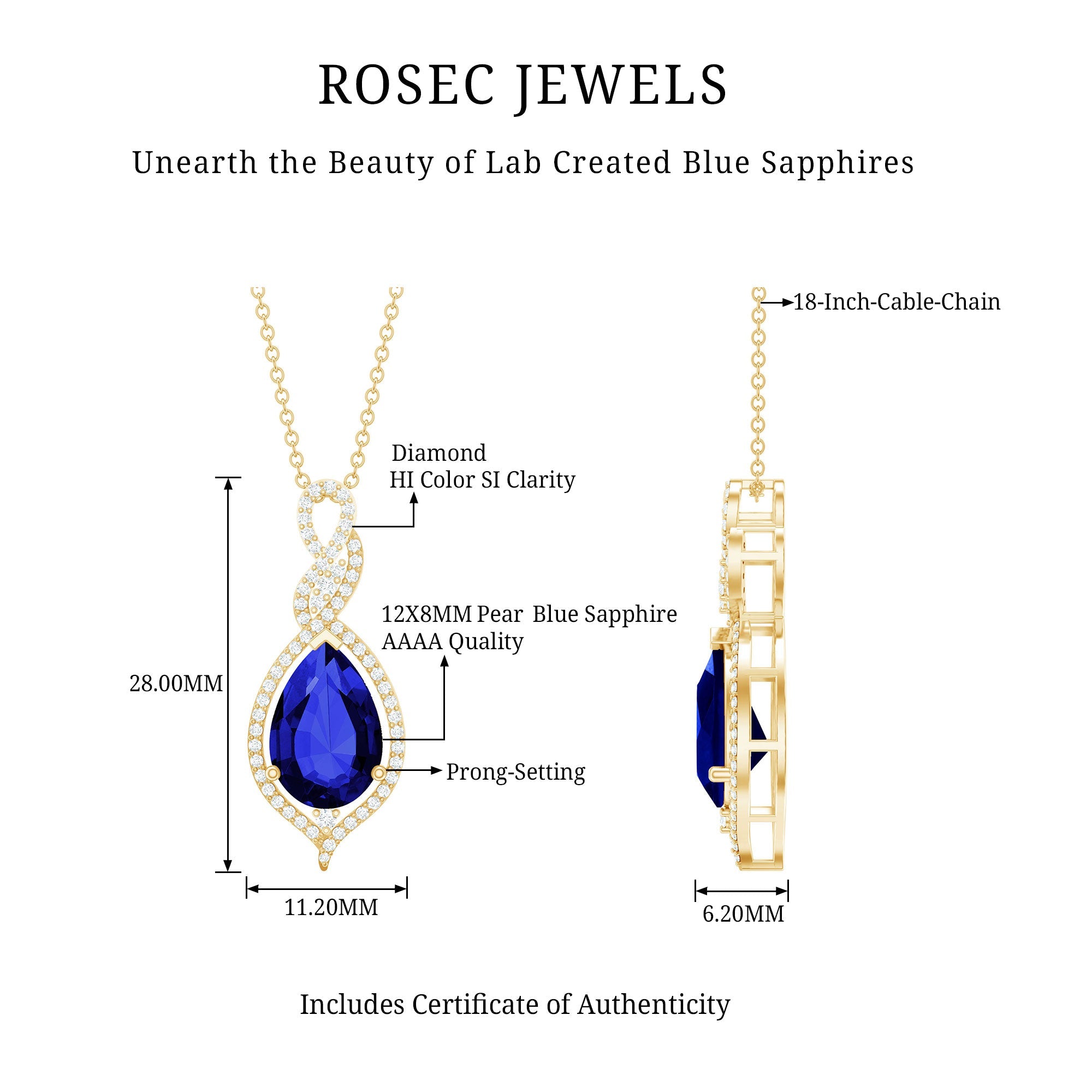Certified 4 Carat Lab Created Blue Sapphire and Diamond Teardrop Pendant
