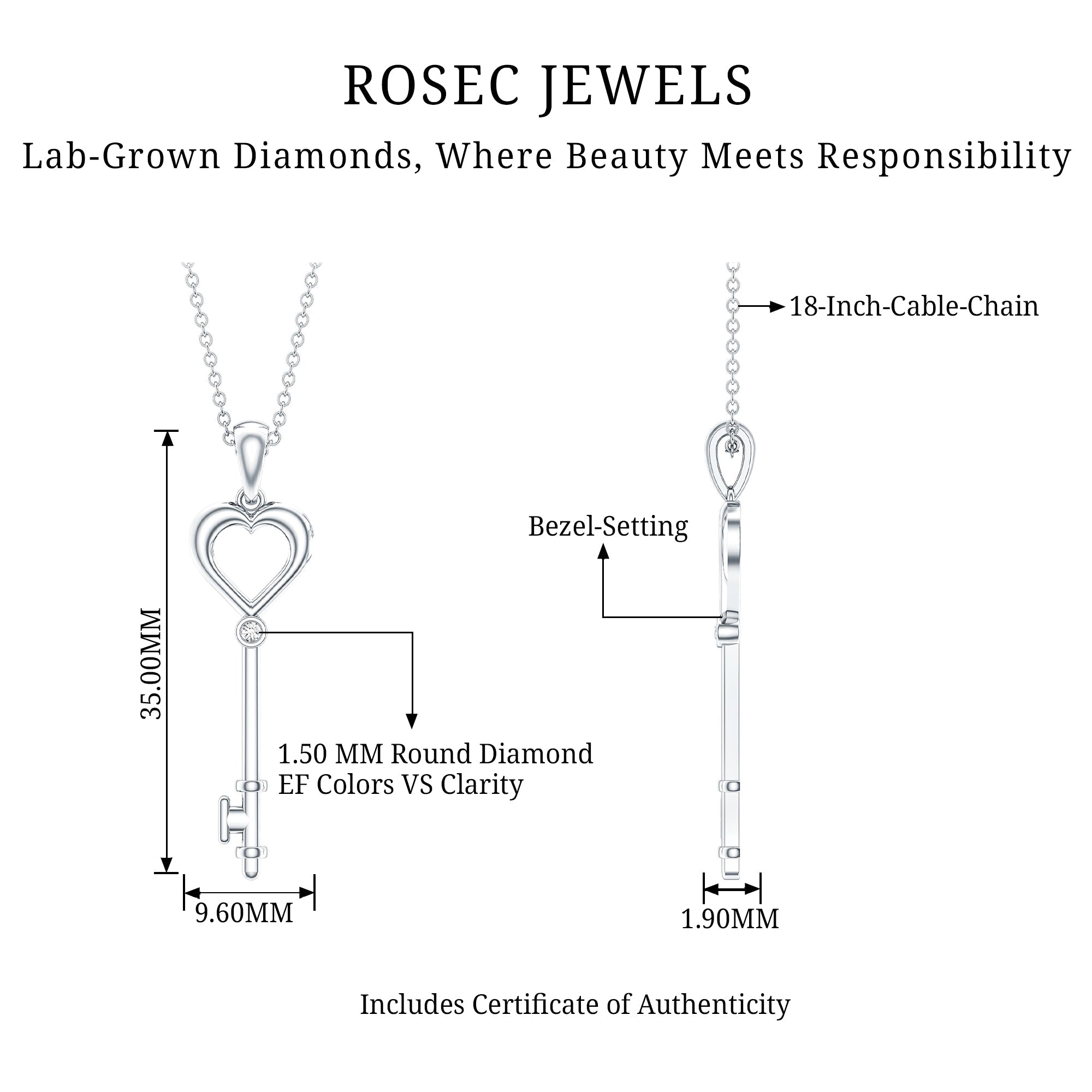 Diamond Heart Key Pendant Necklace For Women
