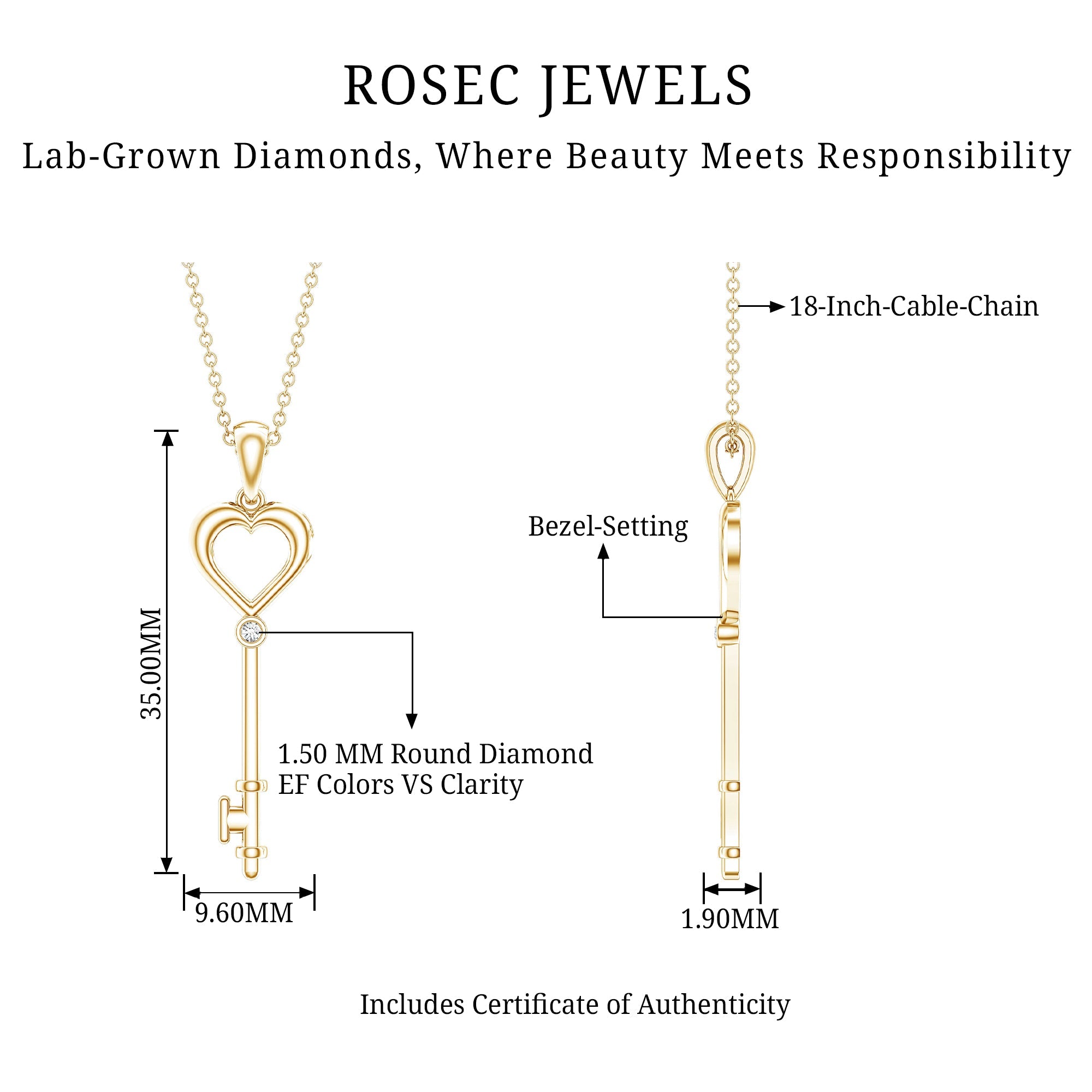 Diamond Heart Key Pendant Necklace For Women