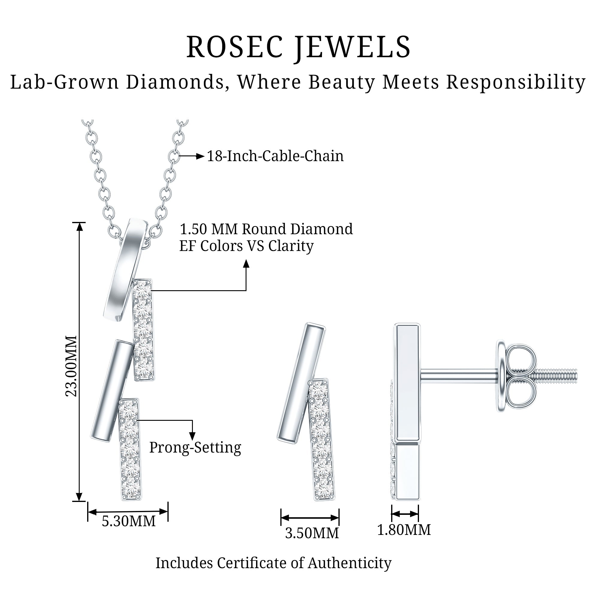 Certified Diamond Bar Dangle Necklace Earrings Set