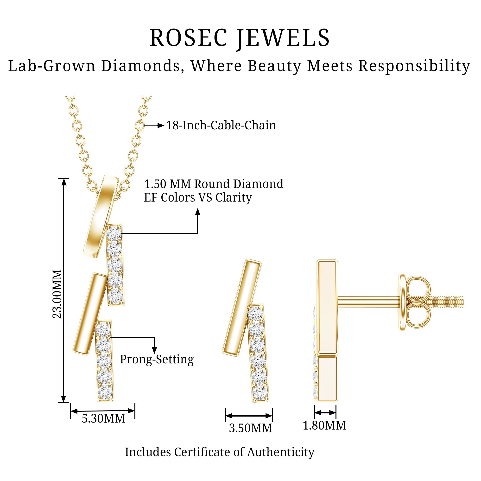Certified Diamond Bar Dangle Necklace Earrings Set