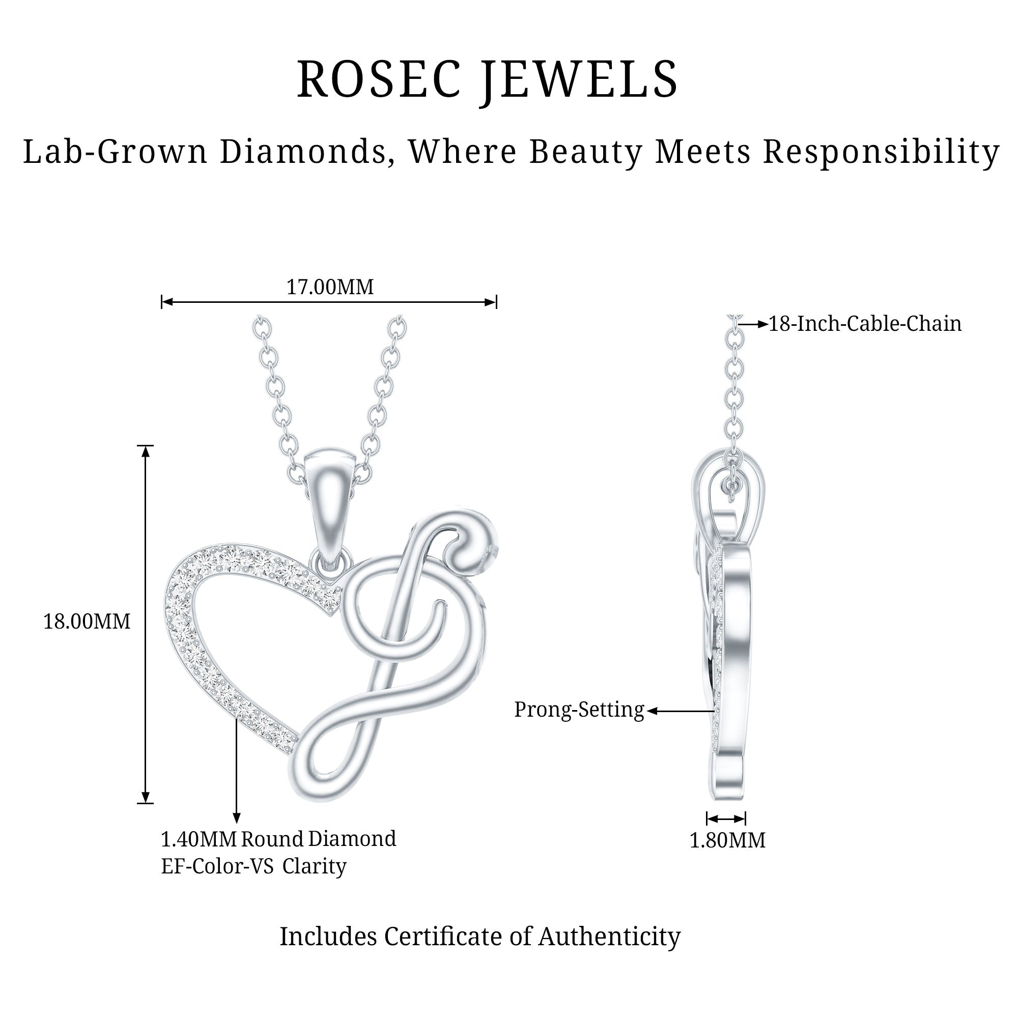 Diamond Heart and Music Note Necklace