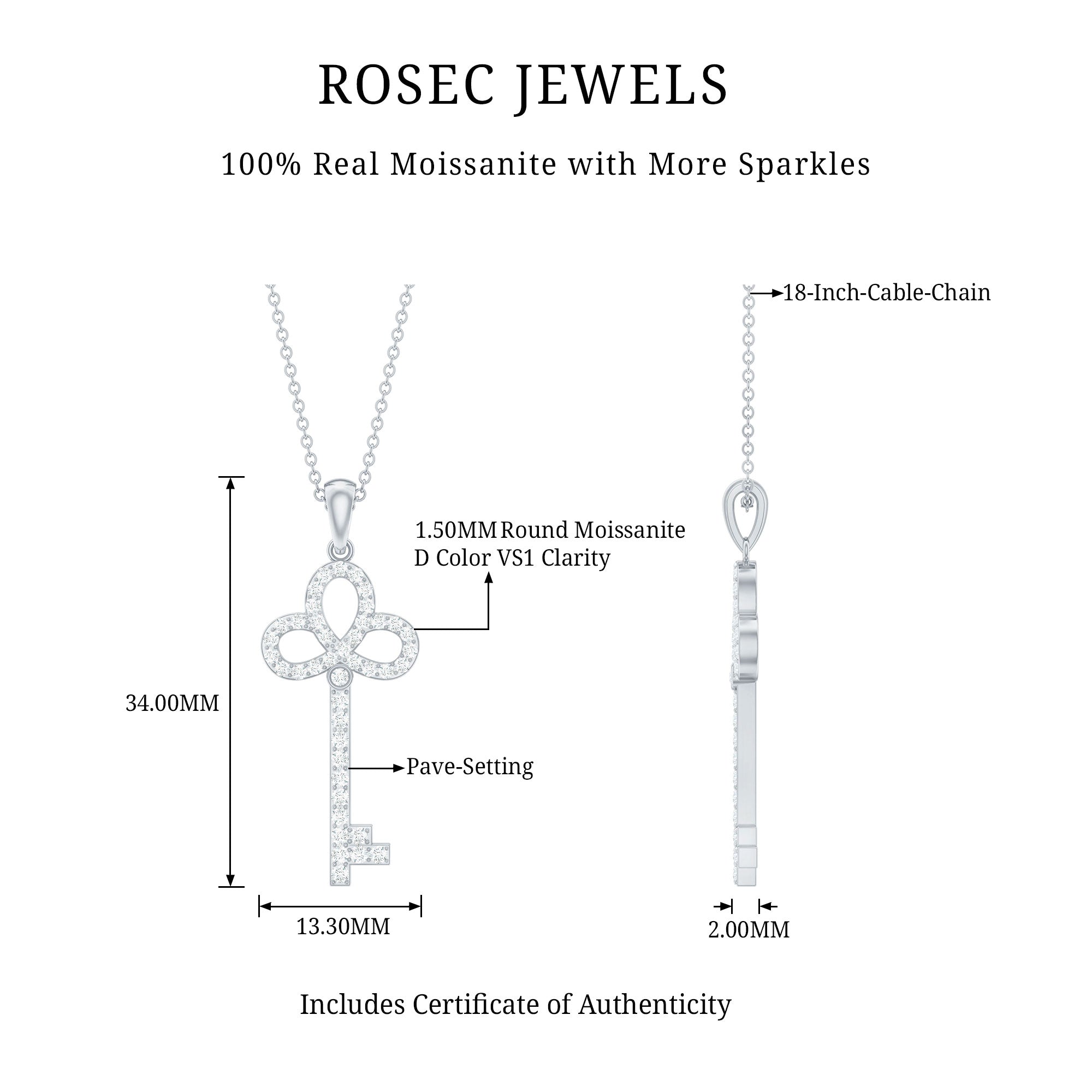 Certified Moissanite Key Pendant Necklace for her