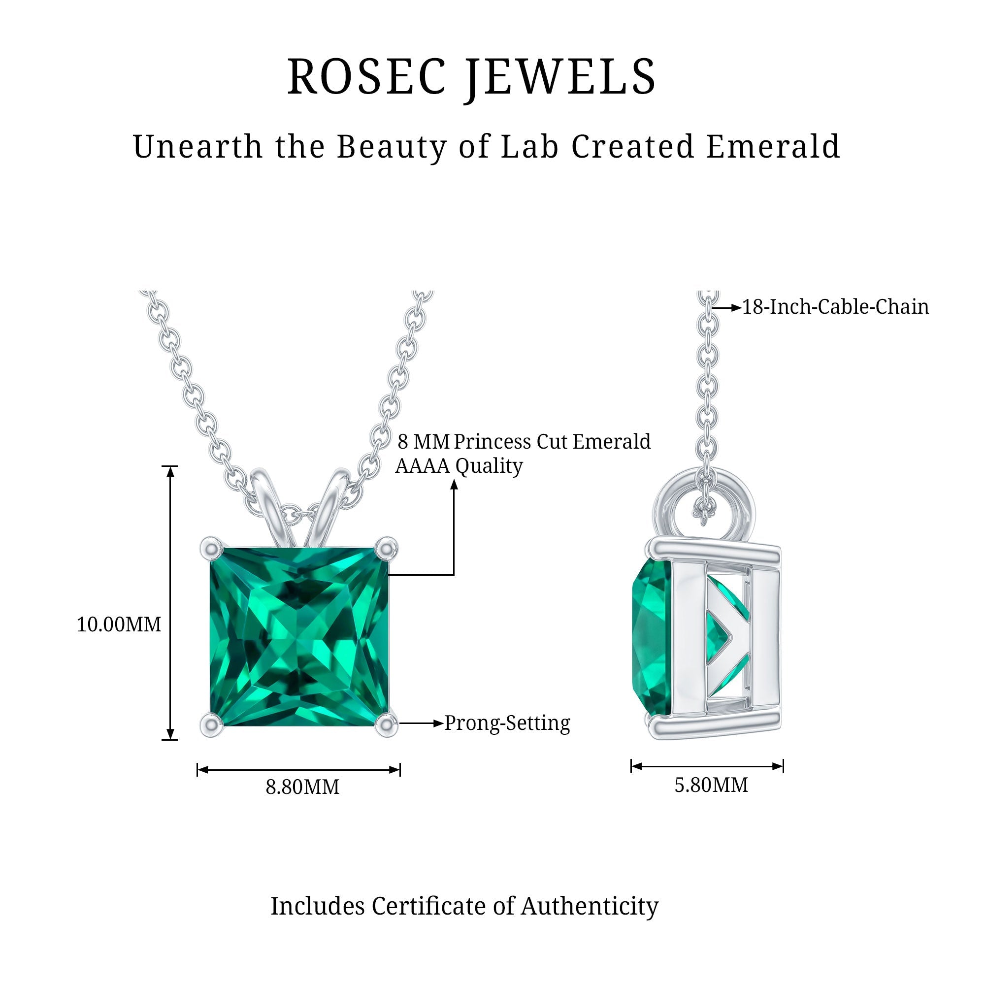 Certified Square Cut Lab Grown Emerald Solitaire Necklace With Chain