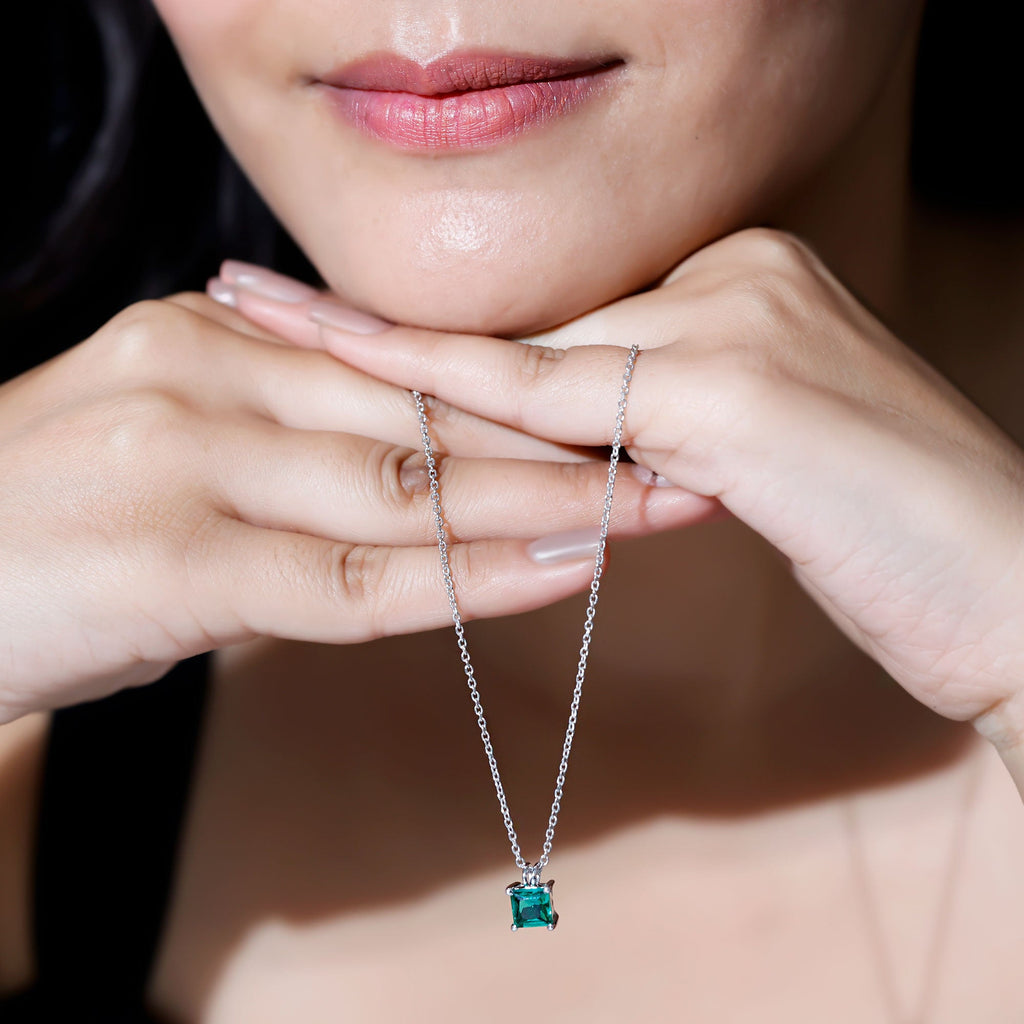 Certified Square Cut Lab Grown Emerald Solitaire Necklace With Chain
