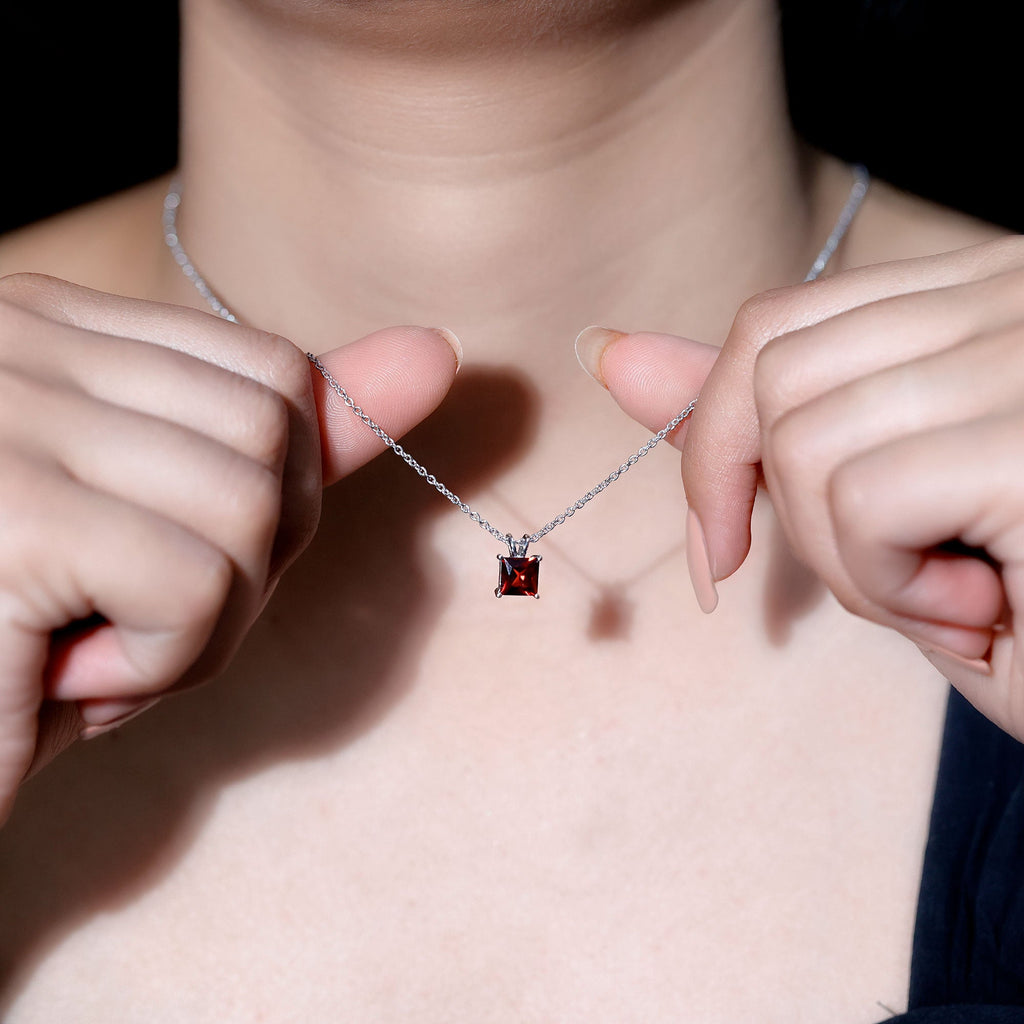 Genuine Princess Cut Garnet Solitaire Locket With Chain