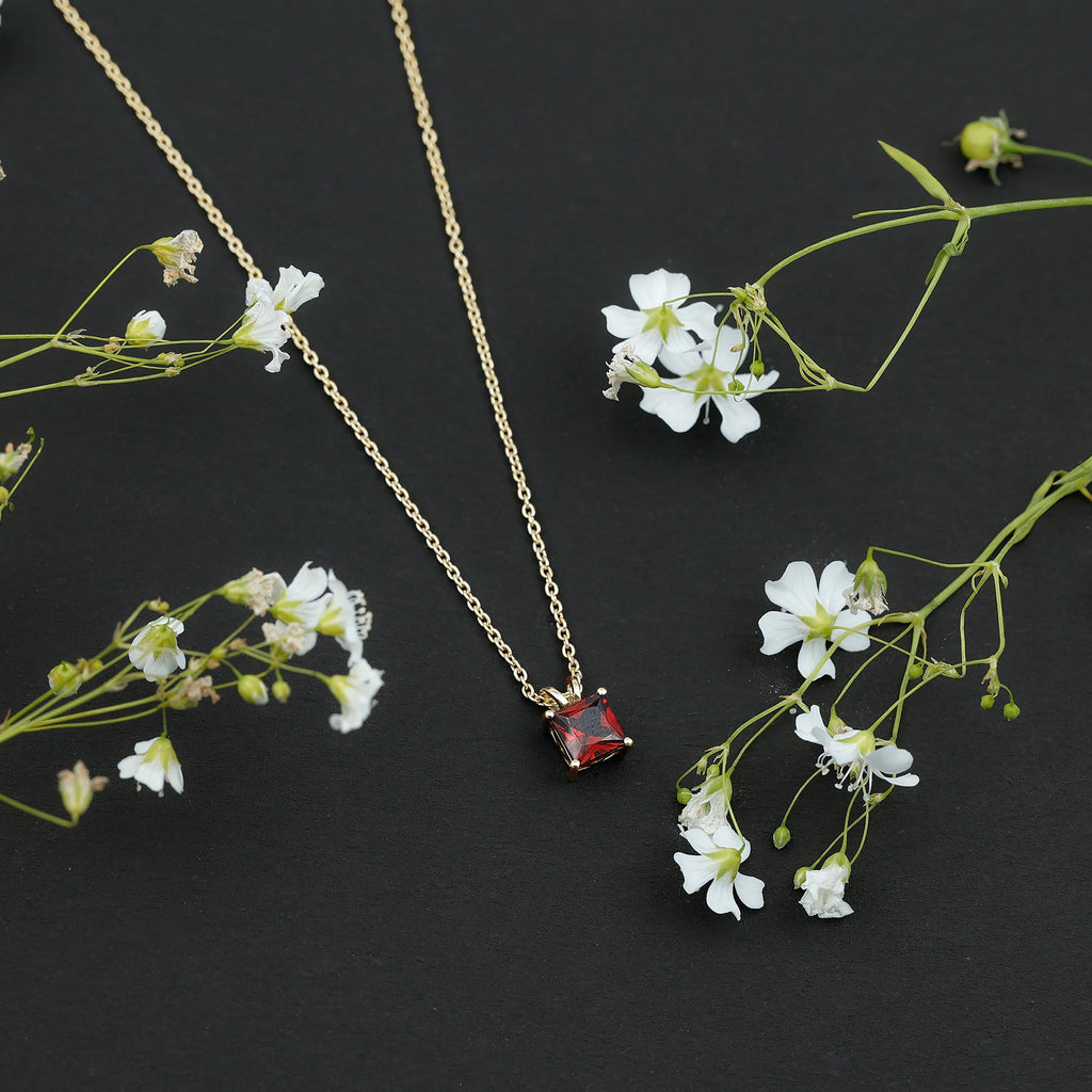 Genuine Princess Cut Garnet Solitaire Locket With Chain