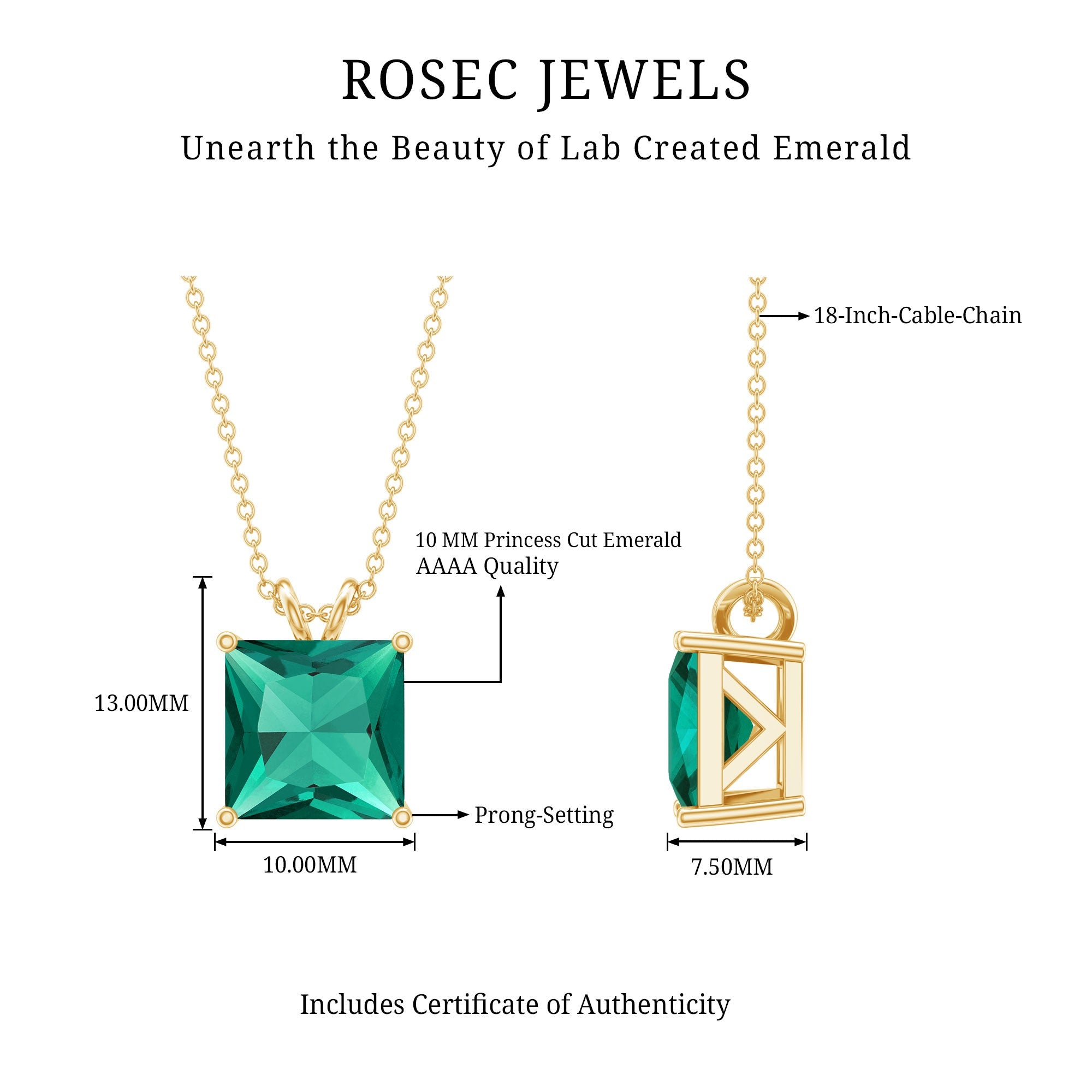 Princess Cut Lab Created Emerald Solitaire Necklace With Chain