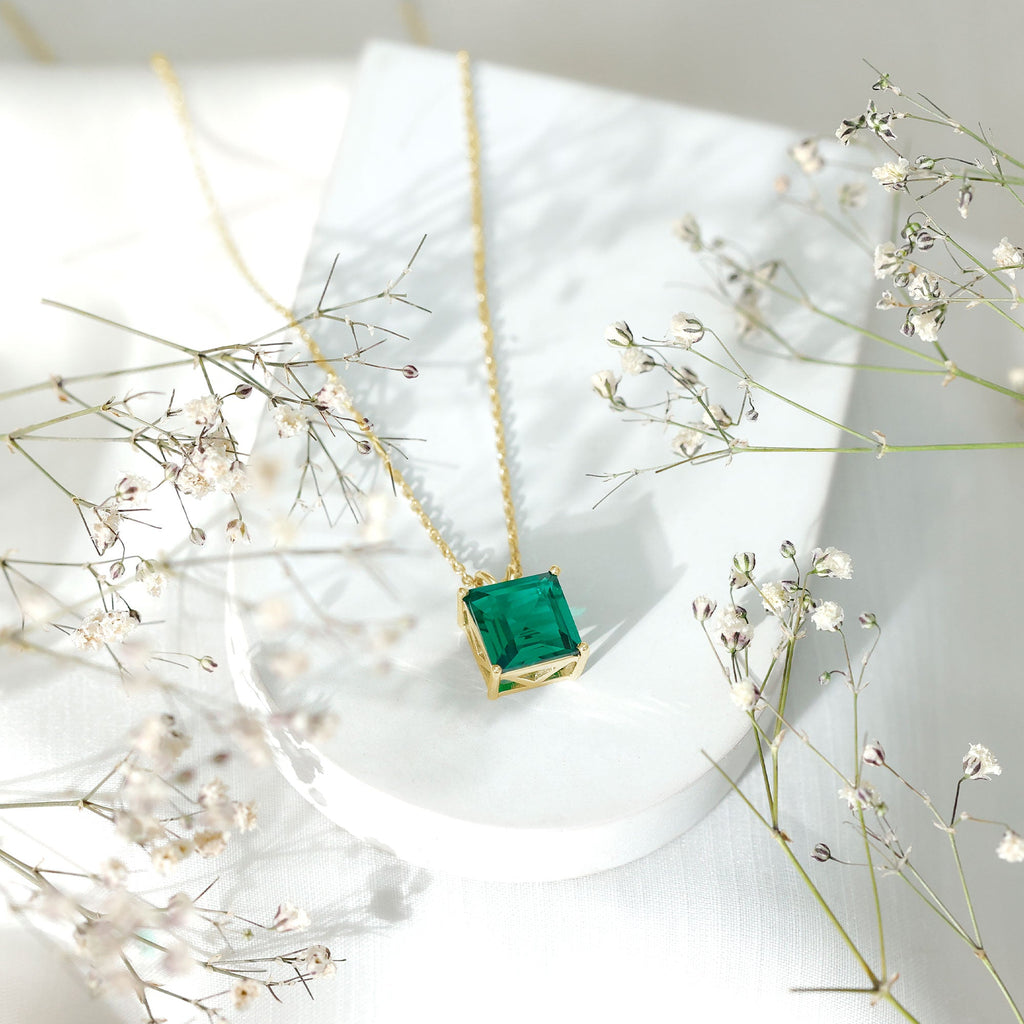 Princess Cut Lab Created Emerald Solitaire Necklace With Chain